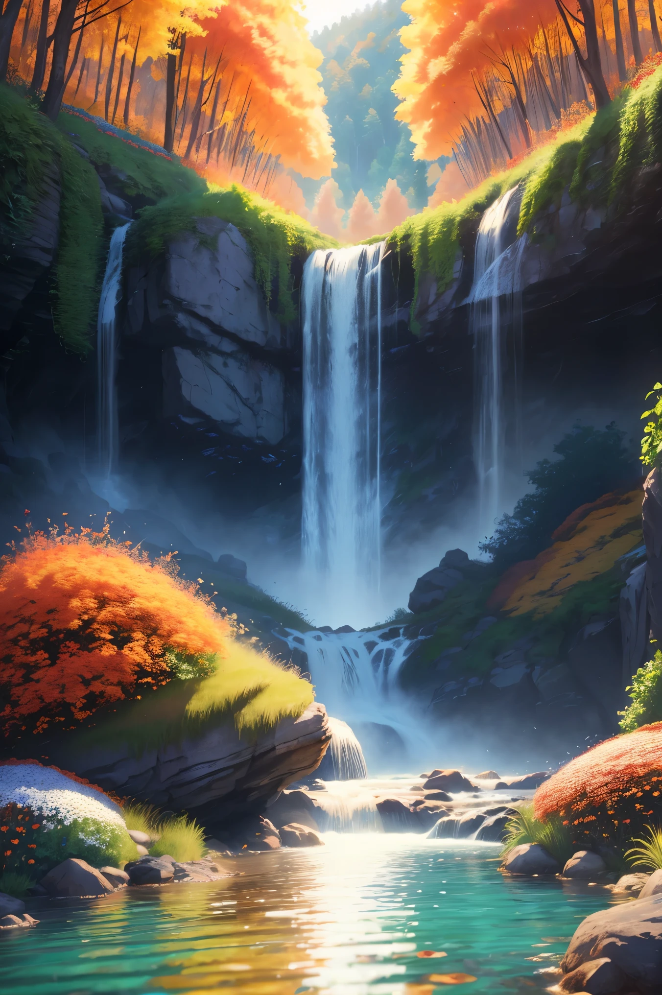 Beautiful majestic Fall flowing through dense vegetation, vibrant flowers, Butterfly dancing in the air, sparkling water splash, peaceful natural landscape ,Fall,flowing water,dense vegetation,vibrant flowers,Butterfly,peaceful scenery,best quality,4k,8k,high resolution,masterpiece:1.2,Super detailed,actual:1.37,high dynamic range,ultra high definition,studio lighting,extremely detailed description,professional,bright colors