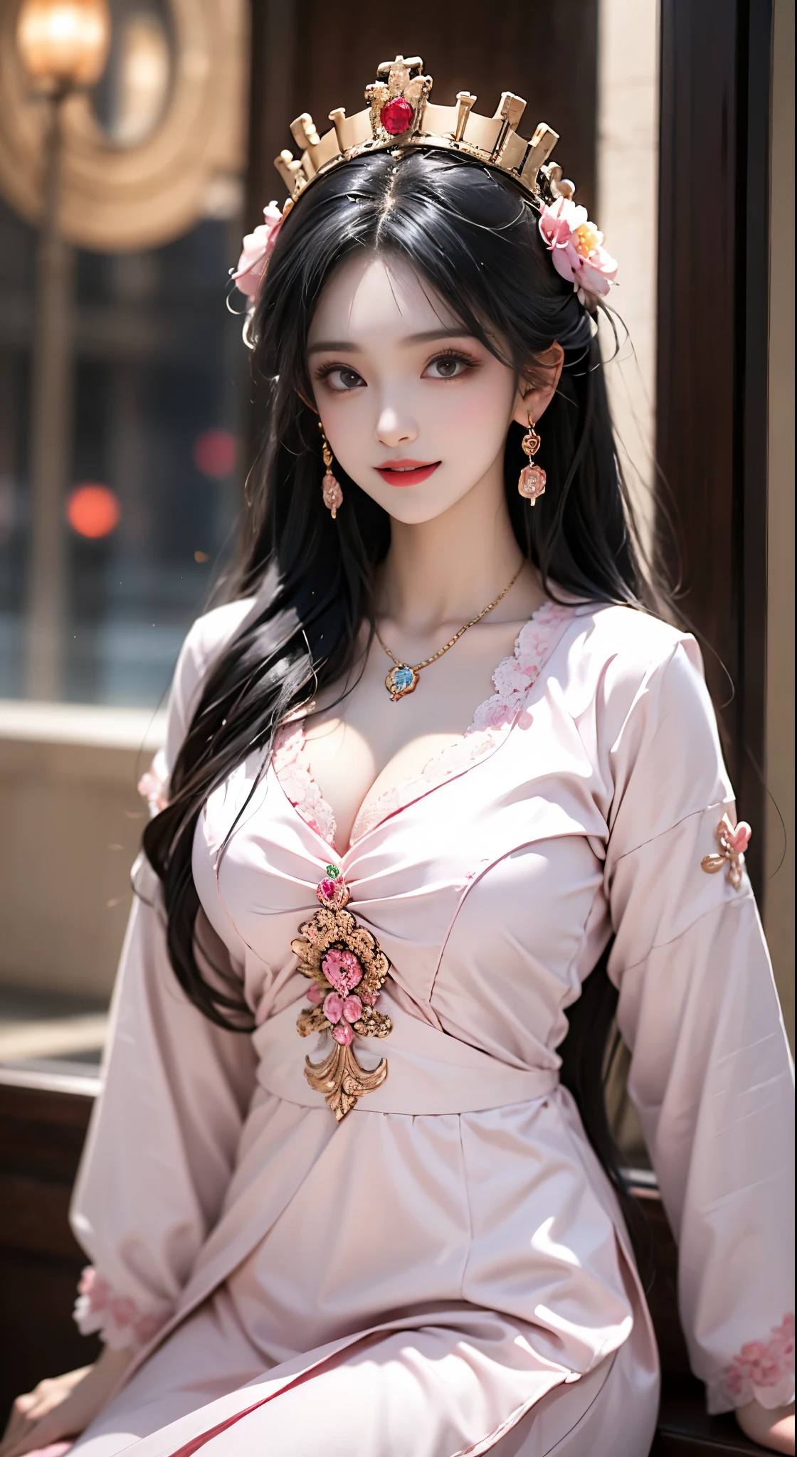 1 adult queen wearing red lace top, deep breasted pajamas, Chinese clothing, Ancient costume with phoenix pattern, Perfect face in pink and white, crown head, Hip-length black hair , very beautiful and piercing brown eyes, Little red lips, Paint lips, charming smile, jewelry worn around the neck, earrings, Teeth white and even, high nose, big round breasts, Girl's chest is full of water, thin legs, Thin mesh black socks, portrait, most realistic, best quality, best pixels, 8k ultra ,