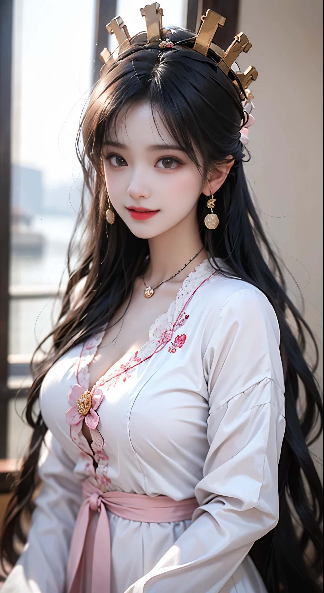 1 adult queen wearing red lace top, deep breasted pajamas, Chinese clothing, Ancient costume with phoenix pattern, Perfect face in pink and white, crown head, Hip-length black hair , very beautiful and piercing brown eyes, Little red lips, Paint lips, charming smile, jewelry worn around the neck, earrings, Teeth white and even, high nose, big round breasts, Girl's chest is full of water, thin legs, Thin mesh black socks, portrait, most realistic, best quality, best pixels, 8k ultra ,