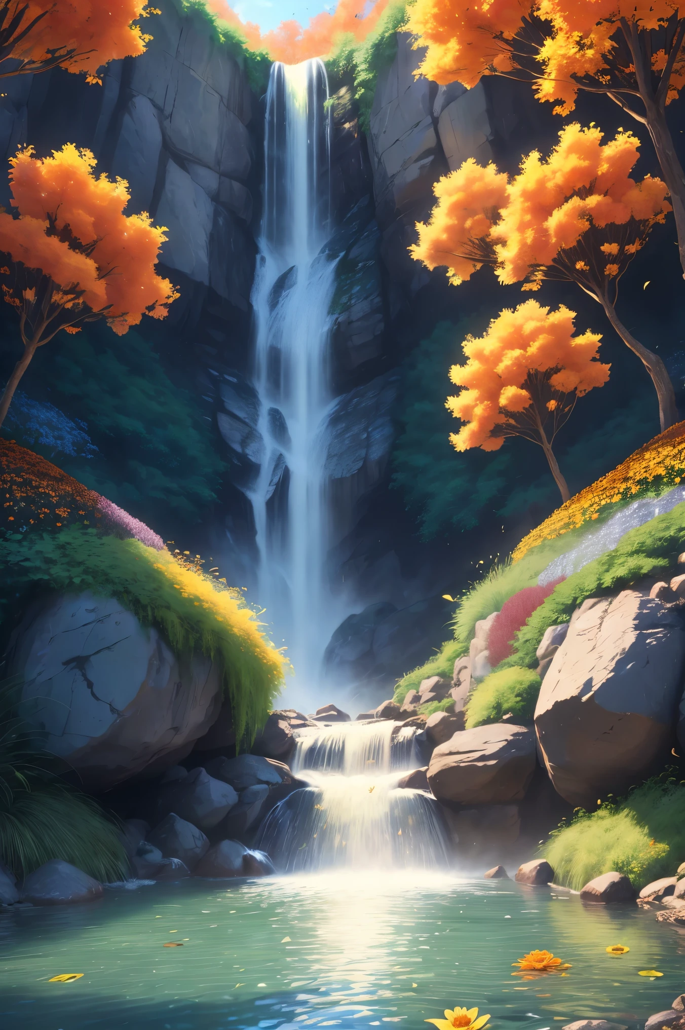 Beautiful majestic Fall flowing through dense vegetation, vibrant flowers, Butterfly dancing in the air, sparkling water splash, peaceful natural landscape ,Fall,flowing water,dense vegetation,vibrant flowers,Butterfly,peaceful scenery,best quality,4k,8k,high resolution,masterpiece:1.2,Super detailed,actual:1.37,high dynamic range,ultra high definition,studio lighting,extremely detailed description,professional,bright colors