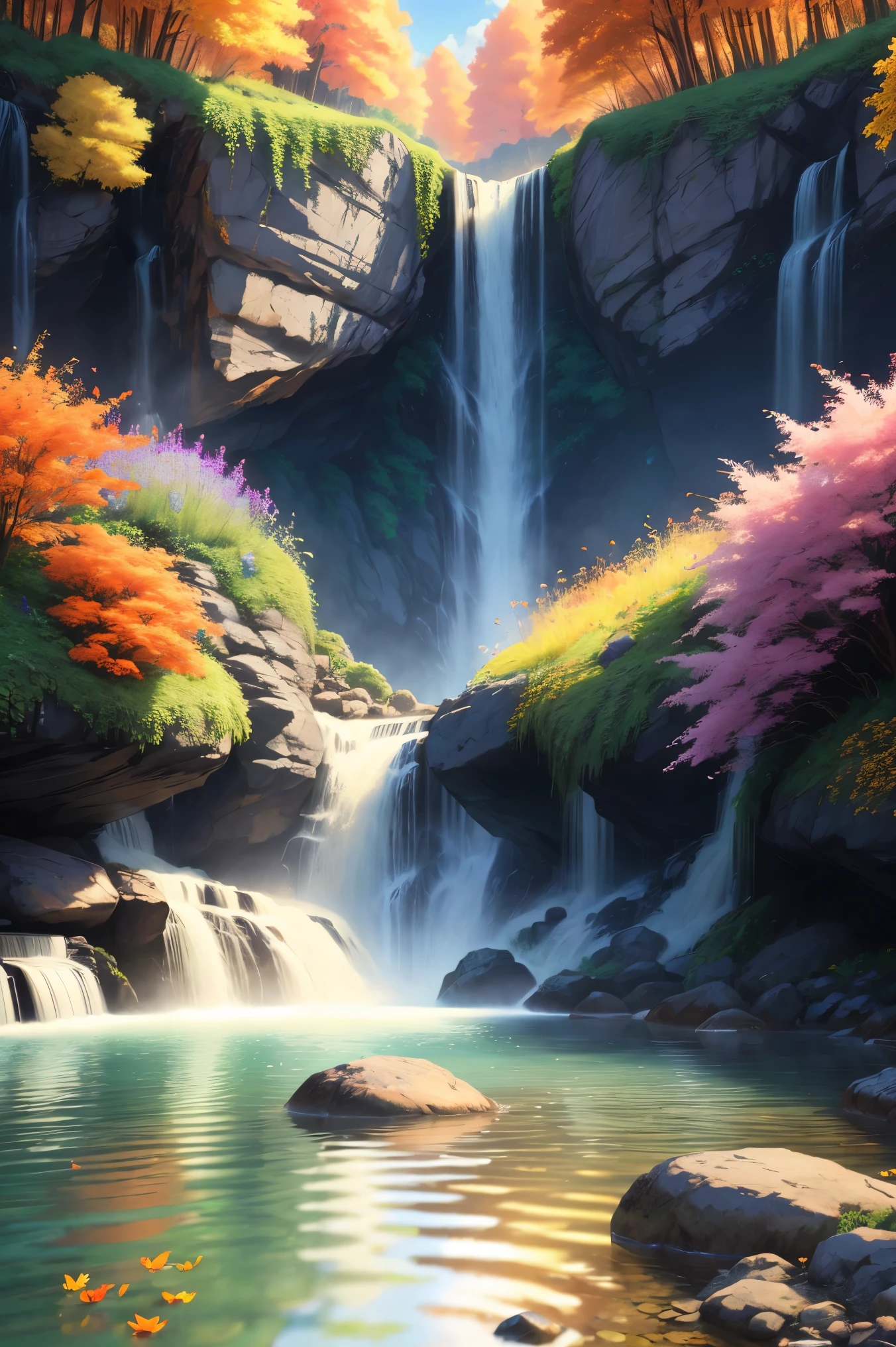 Beautiful majestic Fall flowing through dense vegetation, vibrant flowers, Butterfly dancing in the air, sparkling water splash, peaceful natural landscape ,Fall,flowing water,dense vegetation,vibrant flowers,Butterfly,peaceful scenery,best quality,4k,8k,high resolution,masterpiece:1.2,Super detailed,actual:1.37,high dynamic range,ultra high definition,studio lighting,extremely detailed description,professional,bright colors