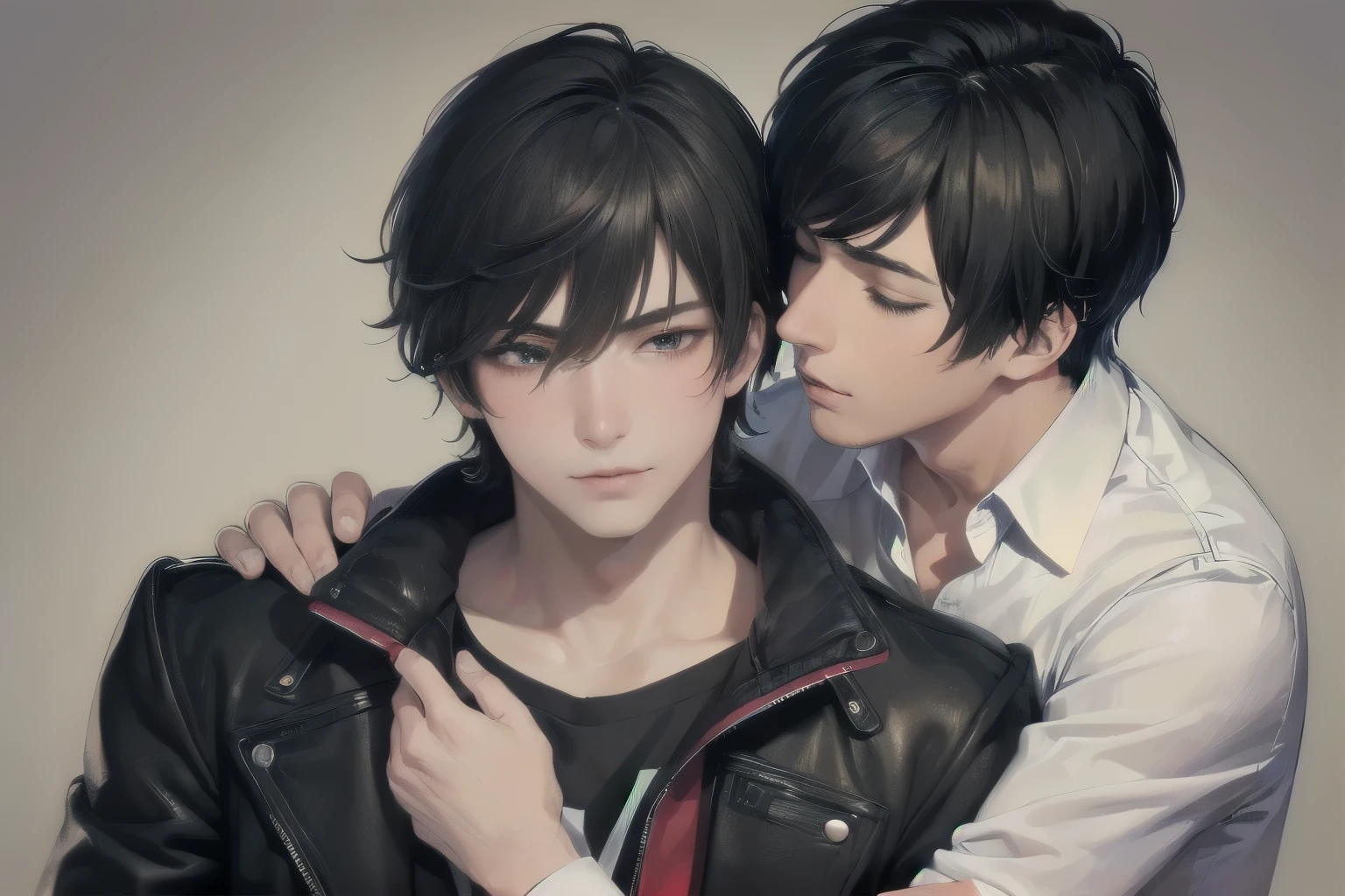 (Masterpiece), (best quality), ((super-detailed)), (photorealistic), (2male), mature male have a blondehair, ((handsum male)), gay, ((yaoi)), eye contact ,hugging , heart,romantic style
BREAK
(male1: red eyes, black hair,jacket,blush,serious)
BREAK
(male2: closed eyes, black hair, very short hair, green eyes, shirt,smiling),