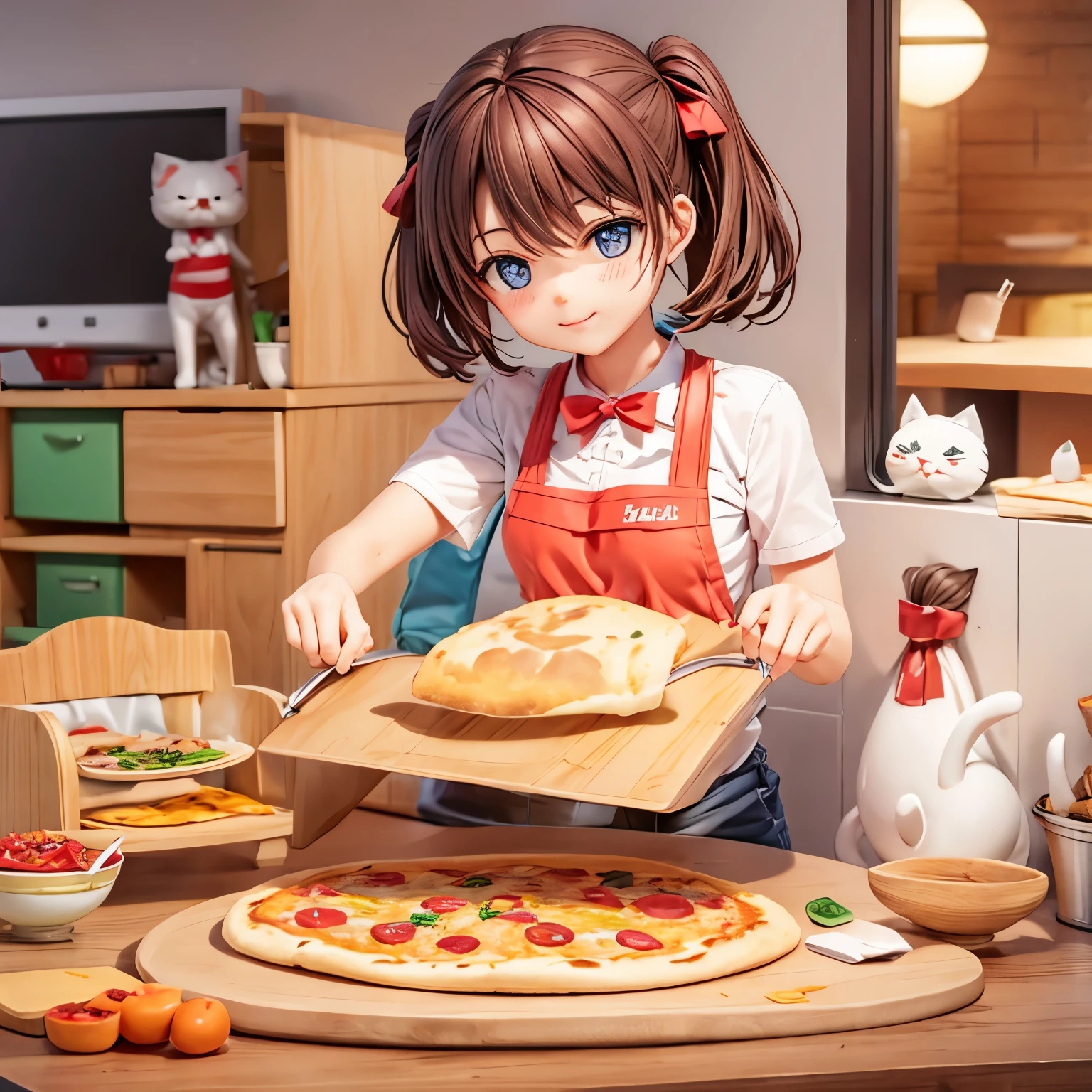 Cute kitten making pizza