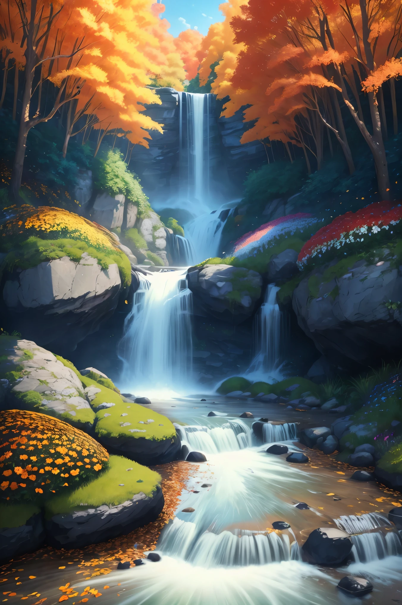 Beautiful majestic Fall flowing through dense vegetation, vibrant flowers, Butterfly dancing in the air, sparkling water splash, peaceful natural landscape ,Fall,flowing water,dense vegetation,vibrant flowers,Butterfly,peaceful scenery,best quality,4k,8k,high resolution,masterpiece:1.2,Super detailed,actual:1.37,high dynamic range,ultra high definition,studio lighting,extremely detailed description,professional,bright colors