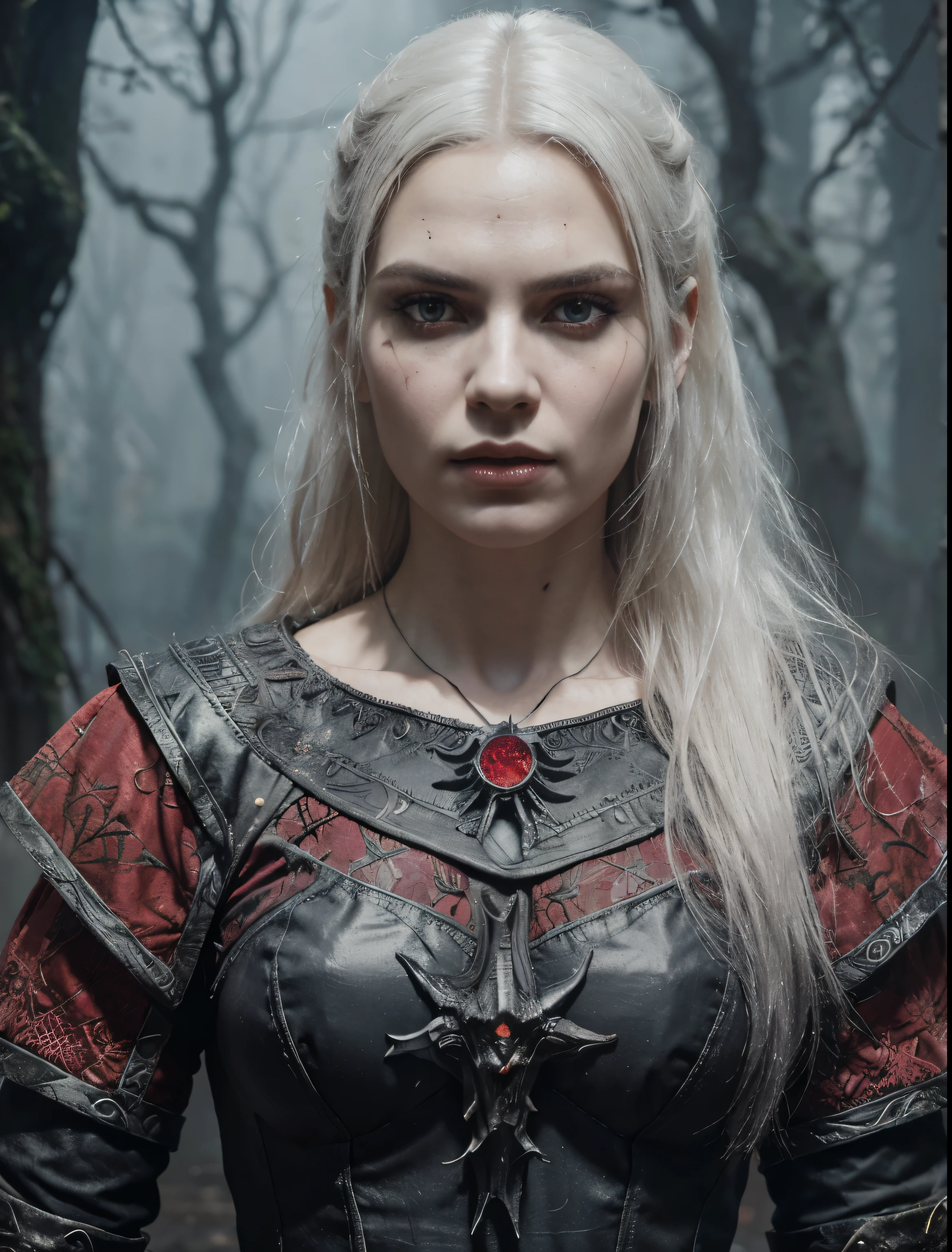 A woman witcher with detailed eyes, pale skin necromancer, blood red accents, black clothes, angry and intimidating, insanely detailed, intricated detailed, symmetry, perfect composition, beautiful detailed, intricate insanely, extreme detailed, octane render, trending on artstation, 8 k artistic photography, photorealistic concept art, soft natural volumetric cinematic perfect light, chiaroscuro, award - winning photograph, masterpiece, oil on canvas, by Zdzisław Beksiński, by h.r. giger