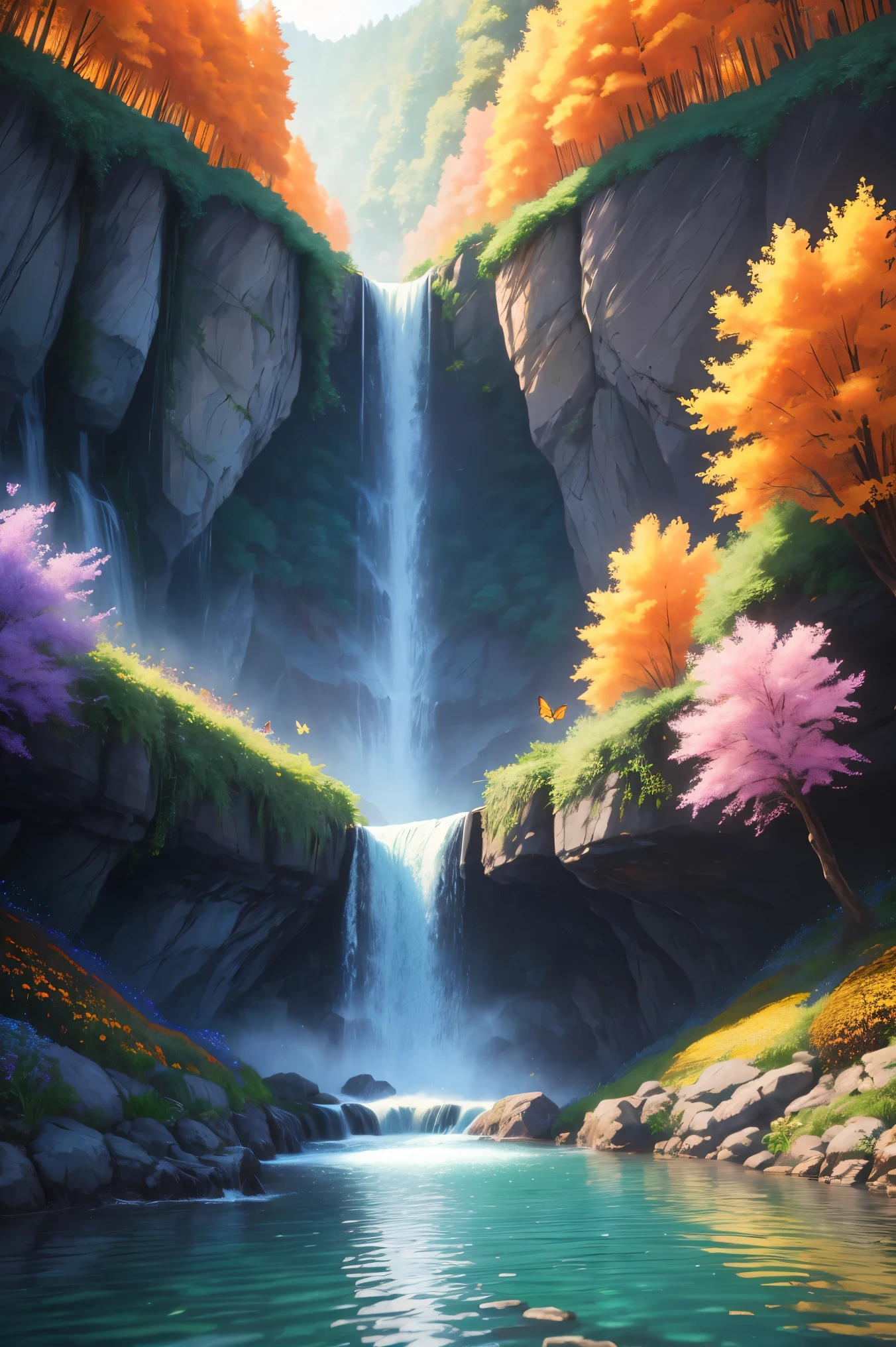 Beautiful majestic Fall flowing through dense vegetation, vibrant flowers, Butterfly dancing in the air, sparkling water splash, peaceful natural landscape ,Fall,flowing water,dense vegetation,vibrant flowers,Butterfly,peaceful scenery,best quality,4k,8k,high resolution,masterpiece:1.2,Super detailed,actual:1.37,high dynamic range,ultra high definition,studio lighting,extremely detailed description,professional,bright colors