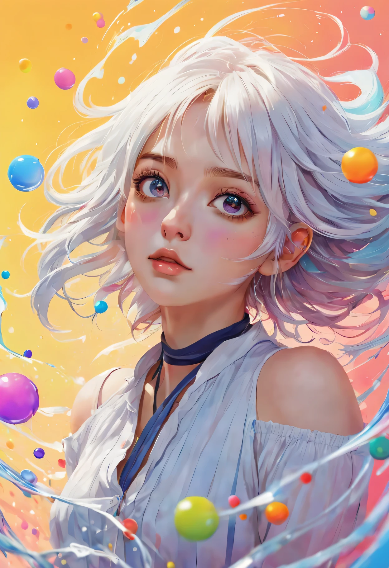 (((masterpiece))),(((best quality))),((super detailed)),(illustration),(dynamic angle), ((floating)),(painting),((disheveled hair)), (alone),(1 girl), ((small_Chest)), (((Detailed anima face))),((Beautiful and delicate face)),collar,bare shoulders, white hair, ((Colorful hair)),((striped hair)), beautiful and delicate eyes,(Gradient eye),(((colorful eyes))), (((Colorful background))),(((high saturation))),(((Surrounded by colorful water splashes))),(((surrounded by colorful dots))),Colorful bubbles,((shining))