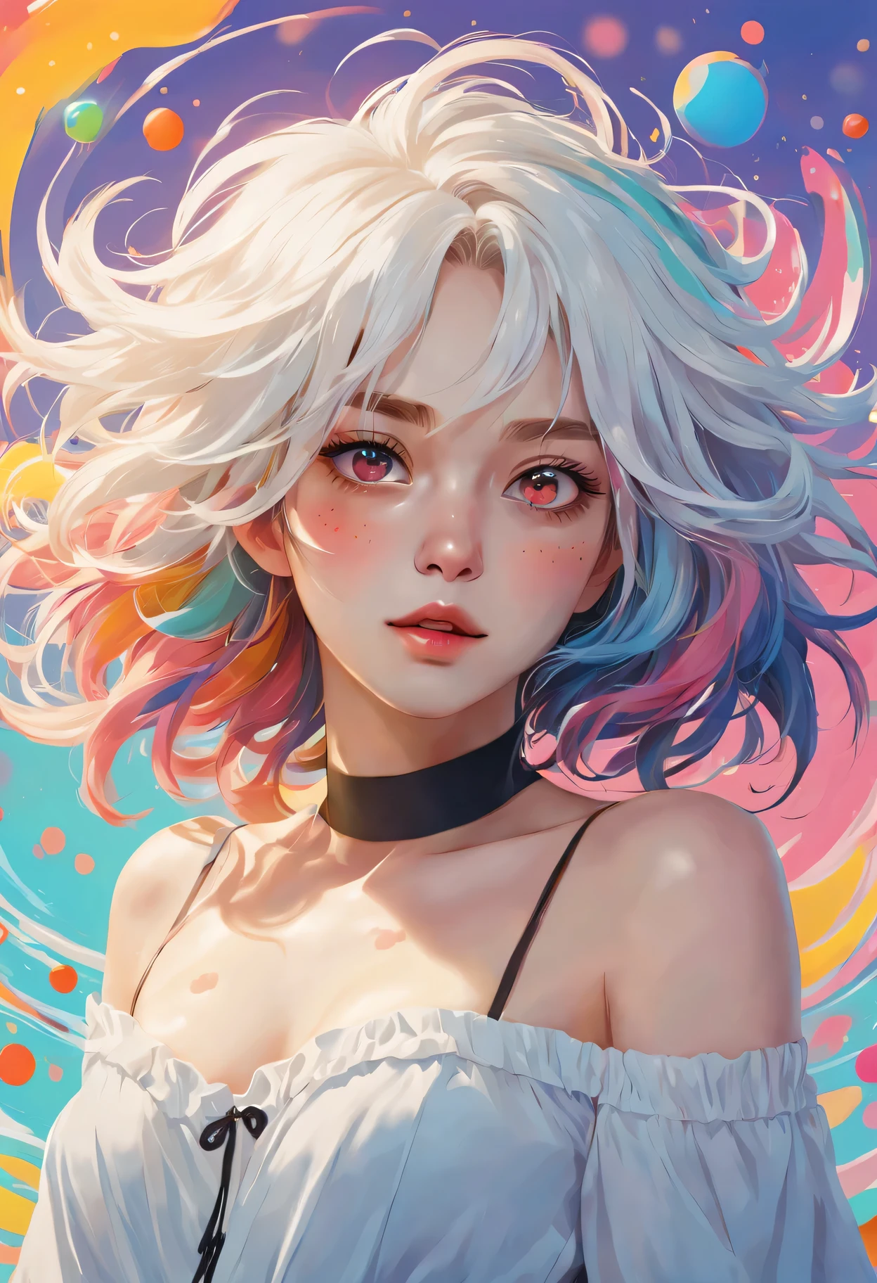 (((masterpiece))),(((best quality))),((super detailed)),(illustration),(dynamic angle), ((floating)),(painting),((disheveled hair)), (alone),(1 girl), ((small_Chest)), (((Detailed anima face))),((Beautiful and delicate face)),collar,bare shoulders,  white hair, ((Colorful hair)),((striped hair)), beautiful and delicate eyes,(Gradient eye),(((colorful eyes))), (((Colorful background))),(((high saturation))),(((Surrounded by colorful water splashes))),(((surrounded by colorful dots))),Colorful bubbles,((shining))