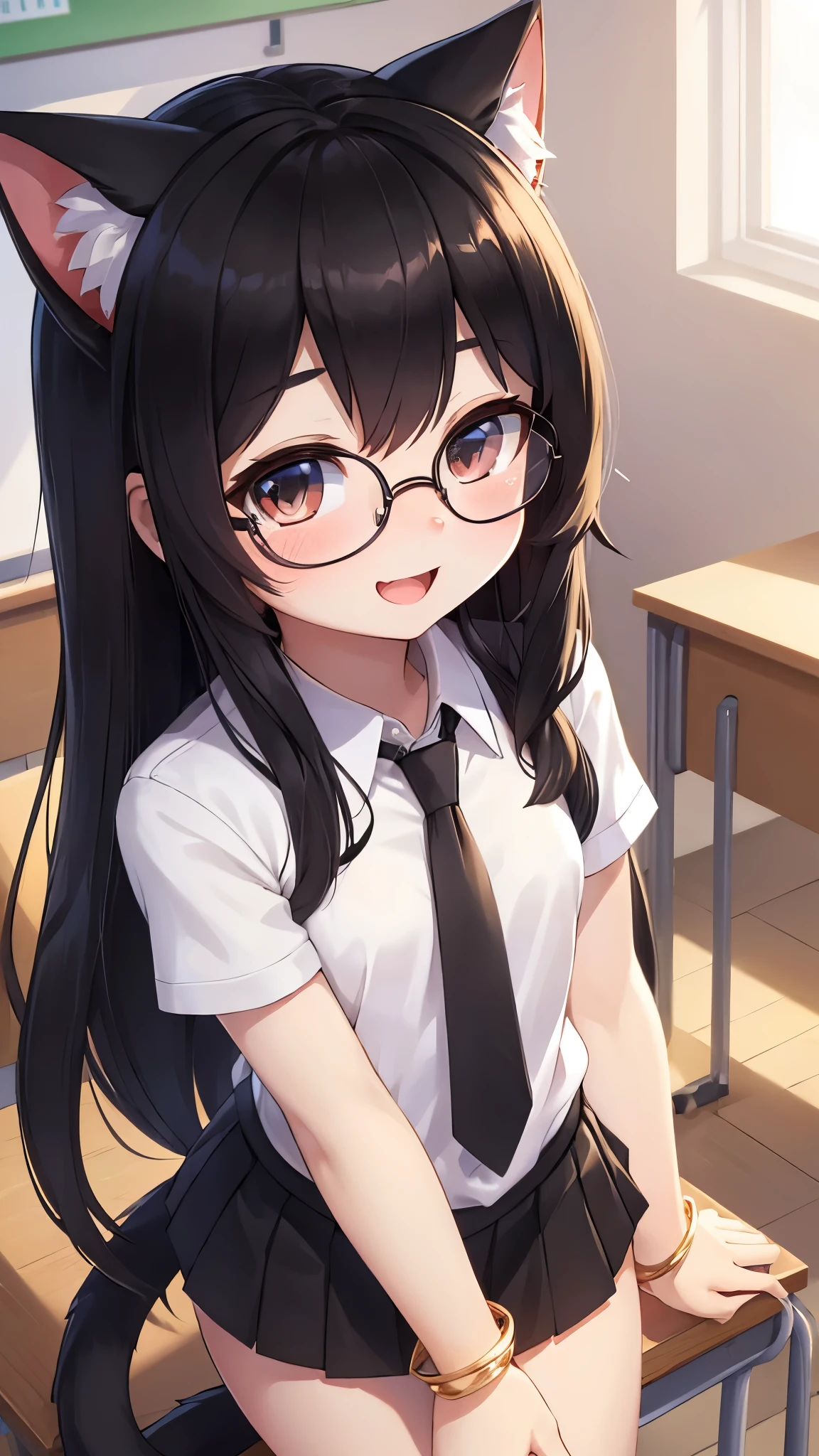 (young :1.6),1 girl,black long hair,wavy hair,messy hair,black cat ears,black cat tail,small breasts,white shirt,black necktie,black mini skirt,classroom,sparkle light,gold light,morning,glasses,cute bracelet,ribbon hair ornament,full face blush,looking at viewer,shy face,smile,open mouth,heart eyes,waving hand to viewer,high angle