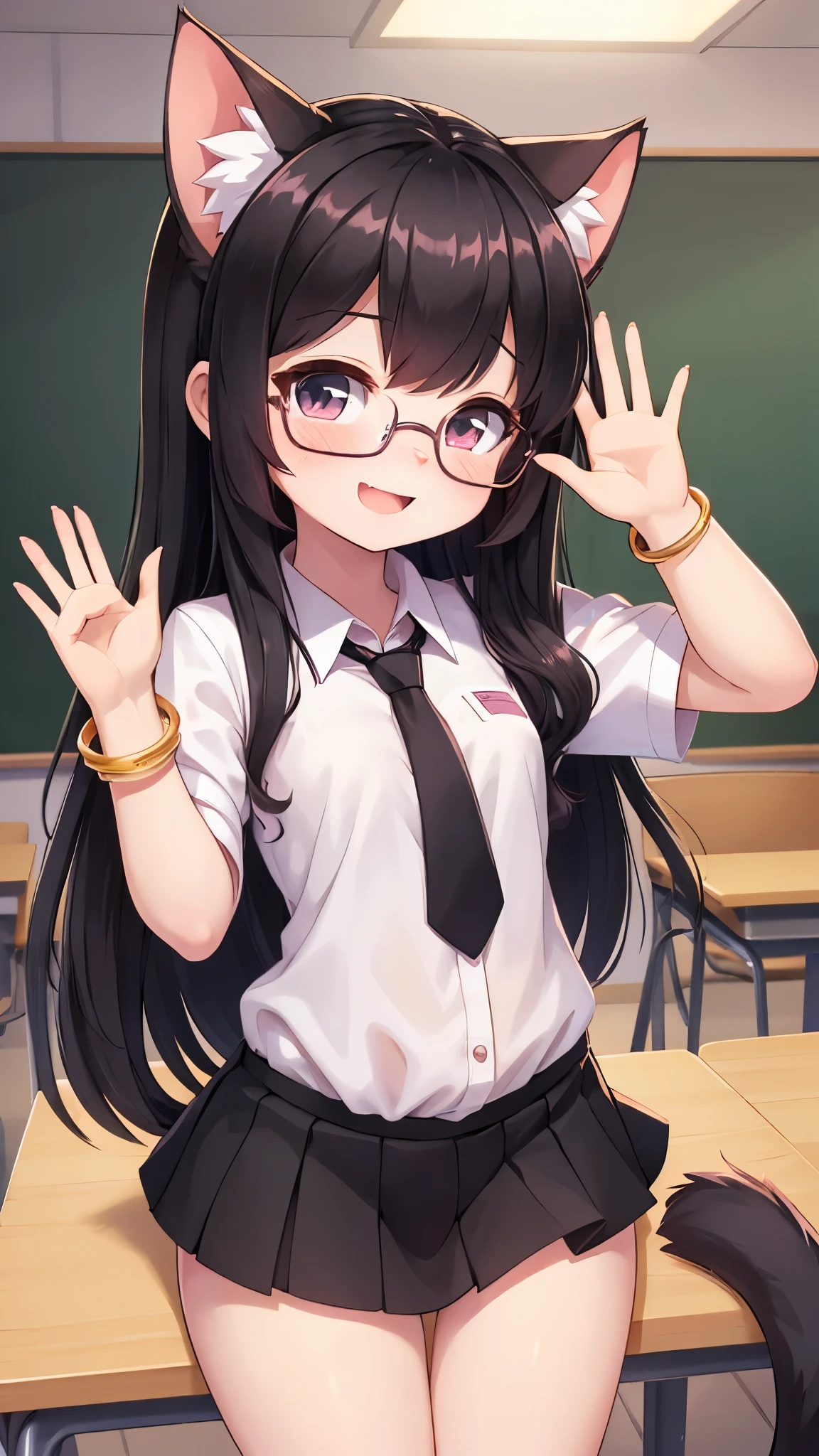 (young :1.6),1 girl,black long hair,wavy hair,messy hair,pink cat ears,pink cat tail,small breasts,white shirt,black necktie,black mini skirt,classroom,sparkle light,gold light,morning,glasses,cute bracelet,ribbon hair ornament,full face blush,looking at viewer,shy face,smile,open mouth,heart eyes,waving hand to viewer