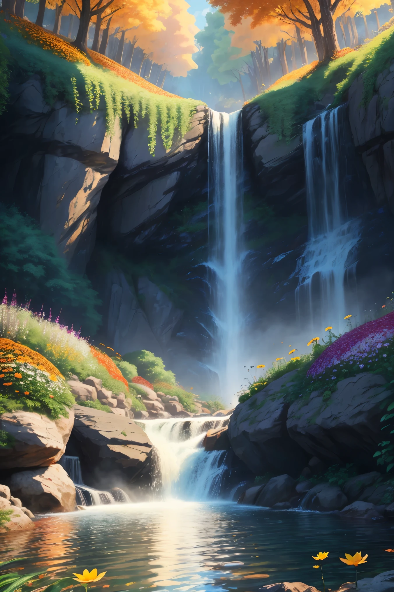 Beautiful majestic Fall flowing through dense vegetation, vibrant flowers, Butterfly dancing in the air, sparkling water splash, peaceful natural landscape ,Fall,flowing water,dense vegetation,vibrant flowers,Butterfly,peaceful scenery,best quality,4k,8k,high resolution,masterpiece:1.2,Super detailed,actual:1.37,high dynamic range,ultra high definition,studio lighting,extremely detailed description,professional,bright colors