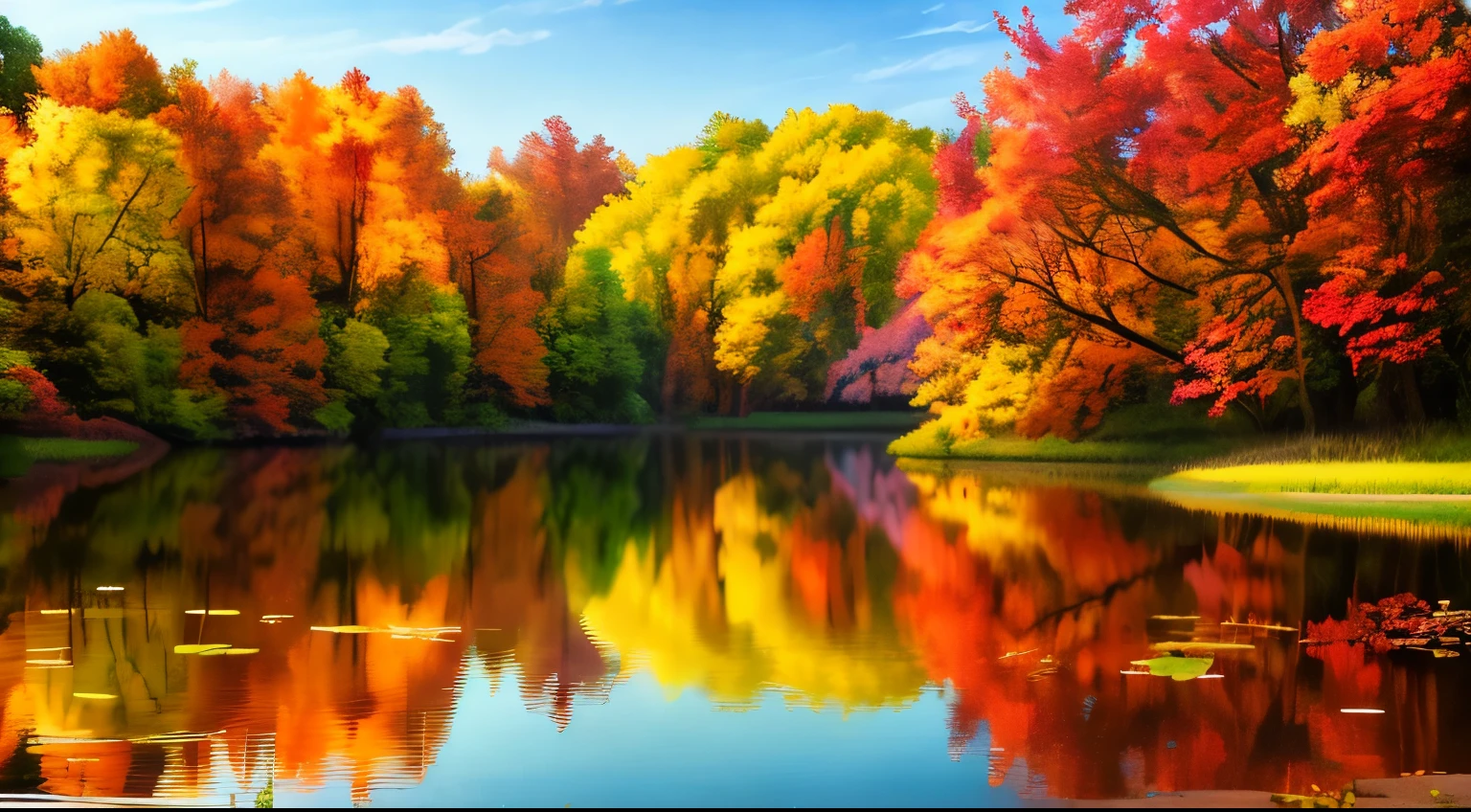 majestic,wonderful (HDR photo) autumn day、Picture-like nature where light shines from the blue sky,pond and promenade、The color of the pond is emerald green、
global lighting, 8K resolution, be familiar with, concentrated, Close-up shot introduced by Mark Keathley on flickr,Written by Jake Guzman、person's perspective photo、There are no people