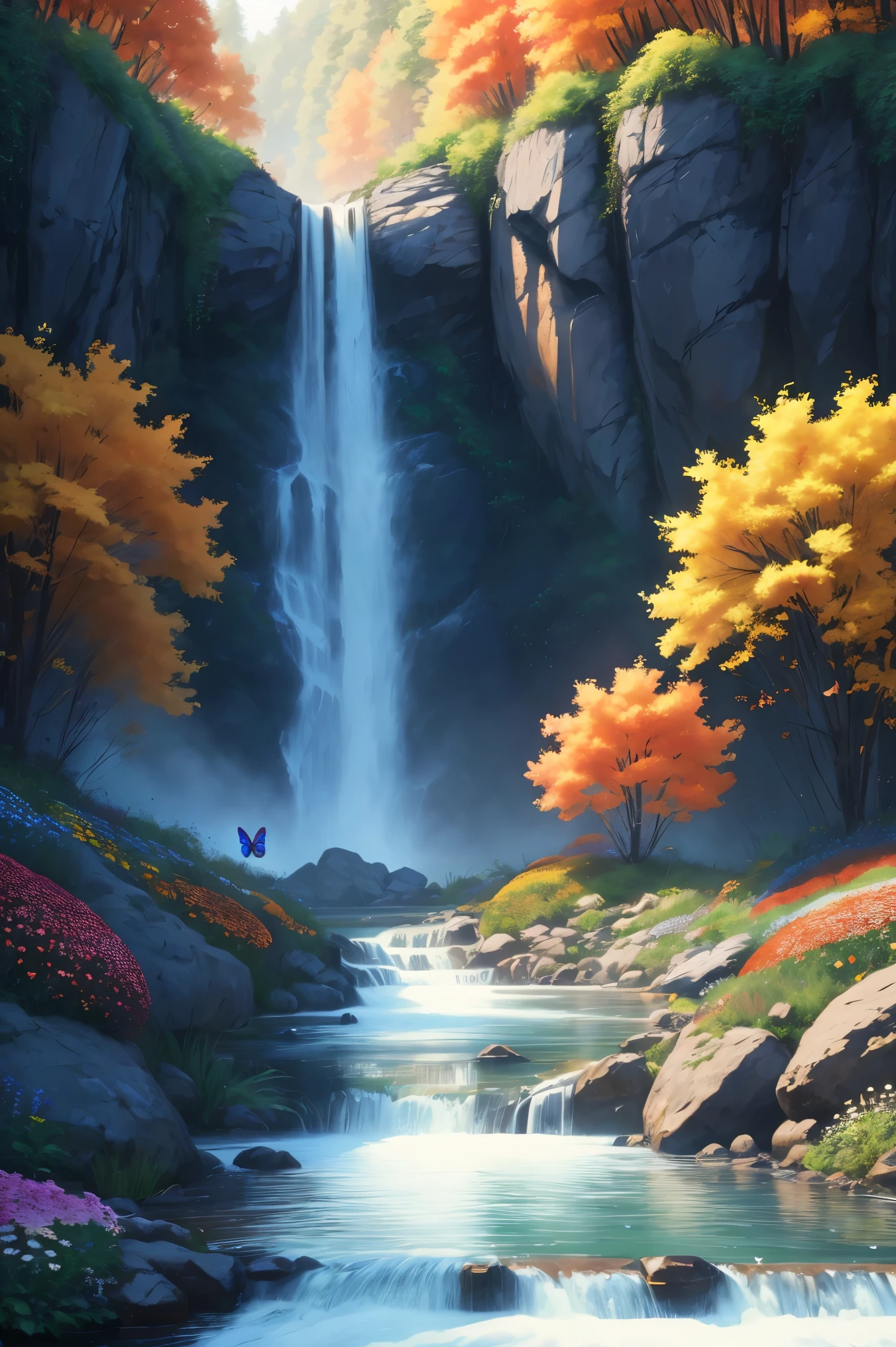 Beautiful majestic Fall flowing through dense vegetation, vibrant flowers, Butterfly dancing in the air, sparkling water splash, peaceful natural landscape ,Fall,flowing water,dense vegetation,vibrant flowers,Butterfly,peaceful scenery,best quality,4k,8k,high resolution,masterpiece:1.2,Super detailed,actual:1.37,high dynamic range,ultra high definition,studio lighting,extremely detailed description,professional,bright colors