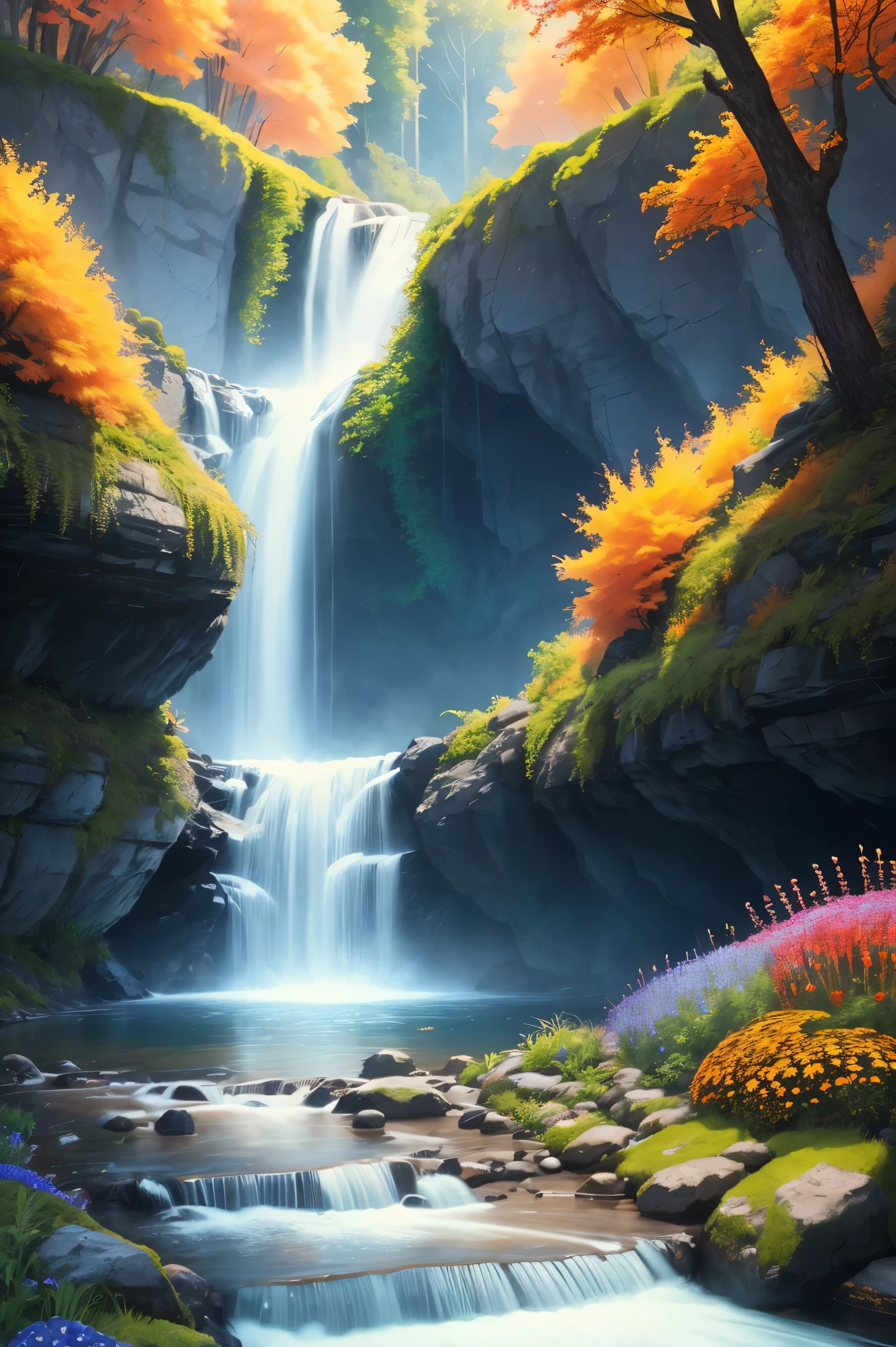 Beautiful majestic Fall flowing through dense vegetation, vibrant flowers, Butterfly dancing in the air, sparkling water splash, peaceful natural landscape ,Fall,flowing water,dense vegetation,vibrant flowers,Butterfly,peaceful scenery,best quality,4k,8k,high resolution,masterpiece:1.2,Super detailed,actual:1.37,high dynamic range,ultra high definition,studio lighting,extremely detailed description,professional,bright colors