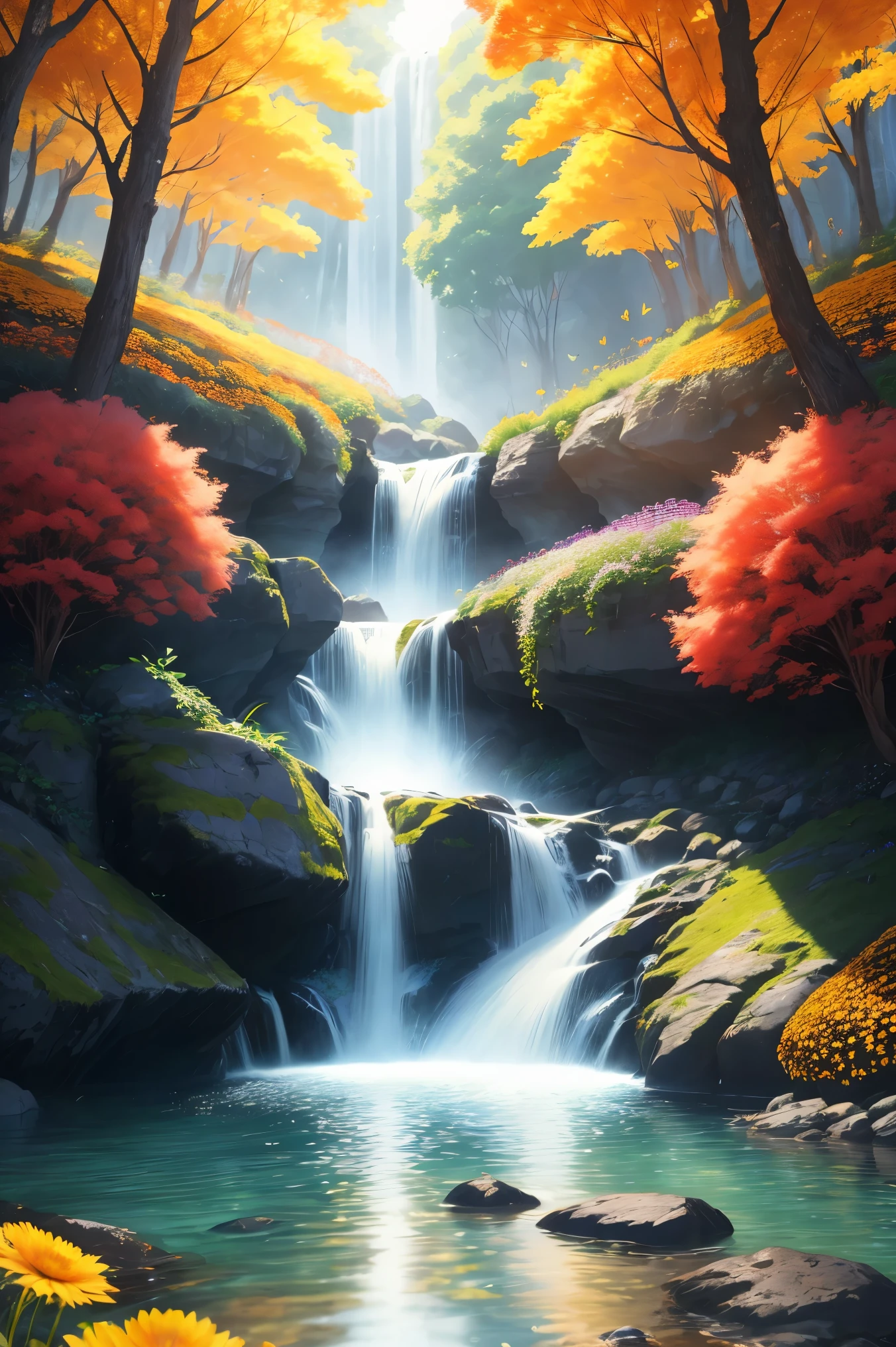 Beautiful majestic Fall flowing through dense vegetation, vibrant flowers, Butterfly dancing in the air, sparkling water splash, peaceful natural landscape ,Fall,flowing water,dense vegetation,vibrant flowers,Butterfly,peaceful scenery,best quality,4k,8k,high resolution,masterpiece:1.2,Super detailed,actual:1.37,high dynamic range,ultra high definition,studio lighting,extremely detailed description,professional,bright colors