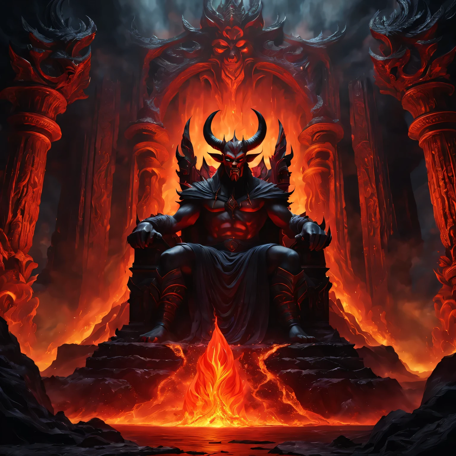 (best quality,4k,high resolution,masterpiece:1.2),Super detailed,actual:1.37,Moderate:(illustration,painting,3d rendering,photography), Hell Palace，Lava waterfall in the background, The demon king sits on his throne, fiery red aura, threatening expression, A dark and majestic figure, The big protruding horn on the forehead, Elaborate golden throne, There are intricate carvings on the walls, Lava gives off an eerie glow, billowing smoke, flickering flame, Menacing shadows, Intimidating atmosphere, Magnificent and majestic building, Ornate decoration, ominous premonition, Dark color palette with fiery red accents, dramatic lighting, Extremely hot, swirling lava, Lava flow flowing down waterfall, Smoke surrounds, Demonic minions lurking in the shadows.