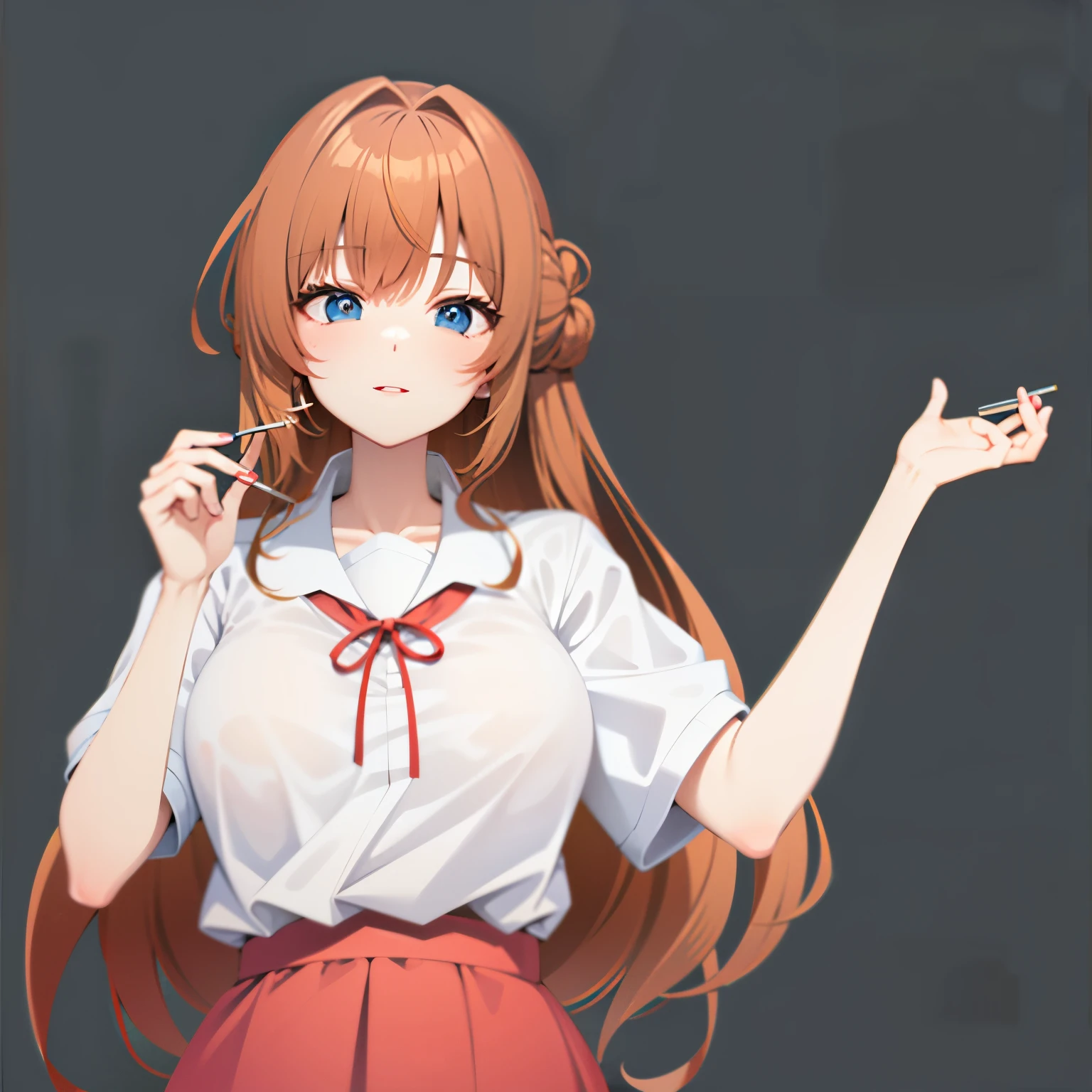 Anime girl with long hair in white shirt holding chopsticks,