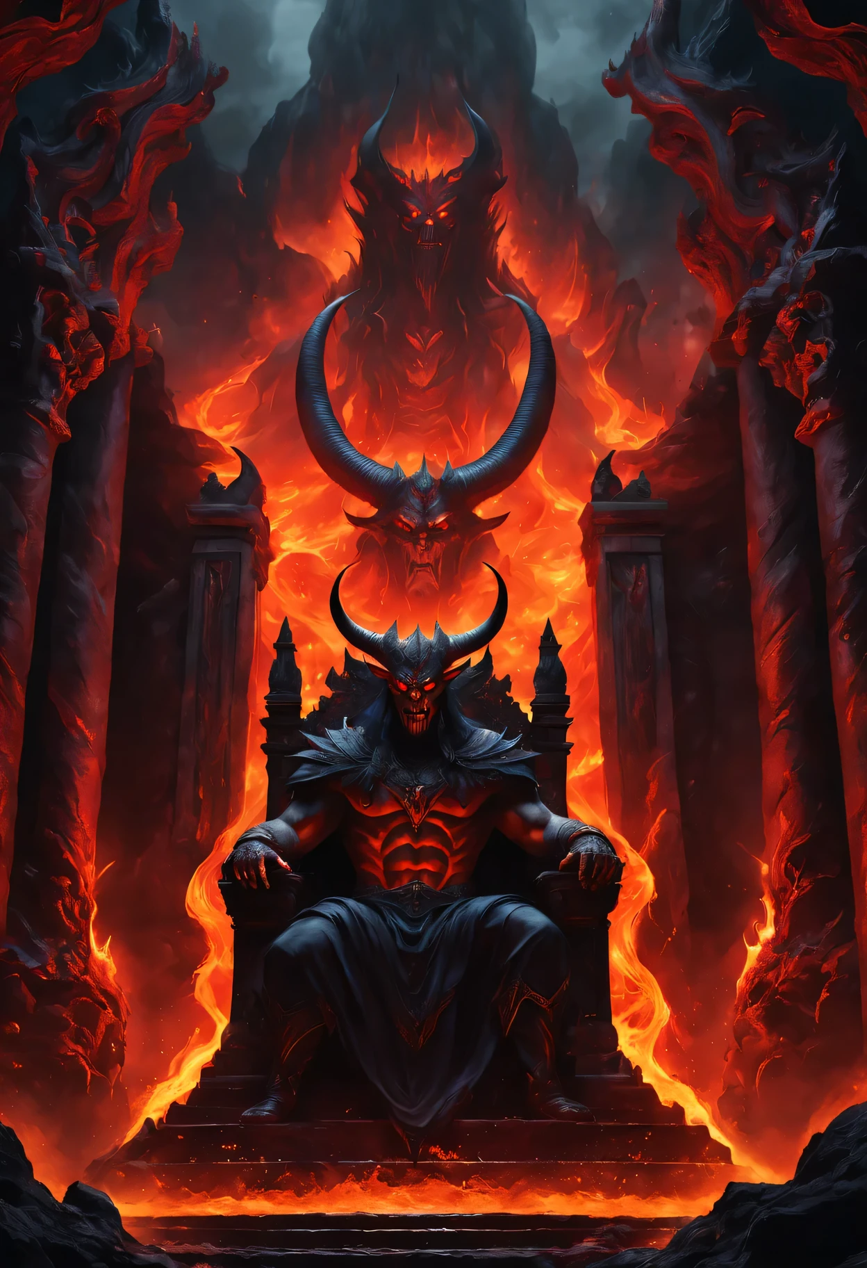(best quality,4k,high resolution,masterpiece:1.2),Super detailed,actual:1.37,Moderate:(illustration,painting,3d rendering,photography), (Hell Palace,Lava waterfall in the background), The demon king sits on his throne, fiery red aura, threatening expression, A dark and majestic figure, The big protruding horn on the forehead, Elaborate golden throne, There are intricate carvings on the walls, Lava gives off an eerie glow, billowing smoke, flickering flame, Menacing shadows, Intimidating atmosphere, Magnificent and majestic building, Ornate decoration, ominous premonition, Dark color palette with fiery red accents, dramatic lighting, Extremely hot, swirling lava, Lava flow flowing down waterfall, Smoke surrounds, Demonic minions lurking in the shadows.