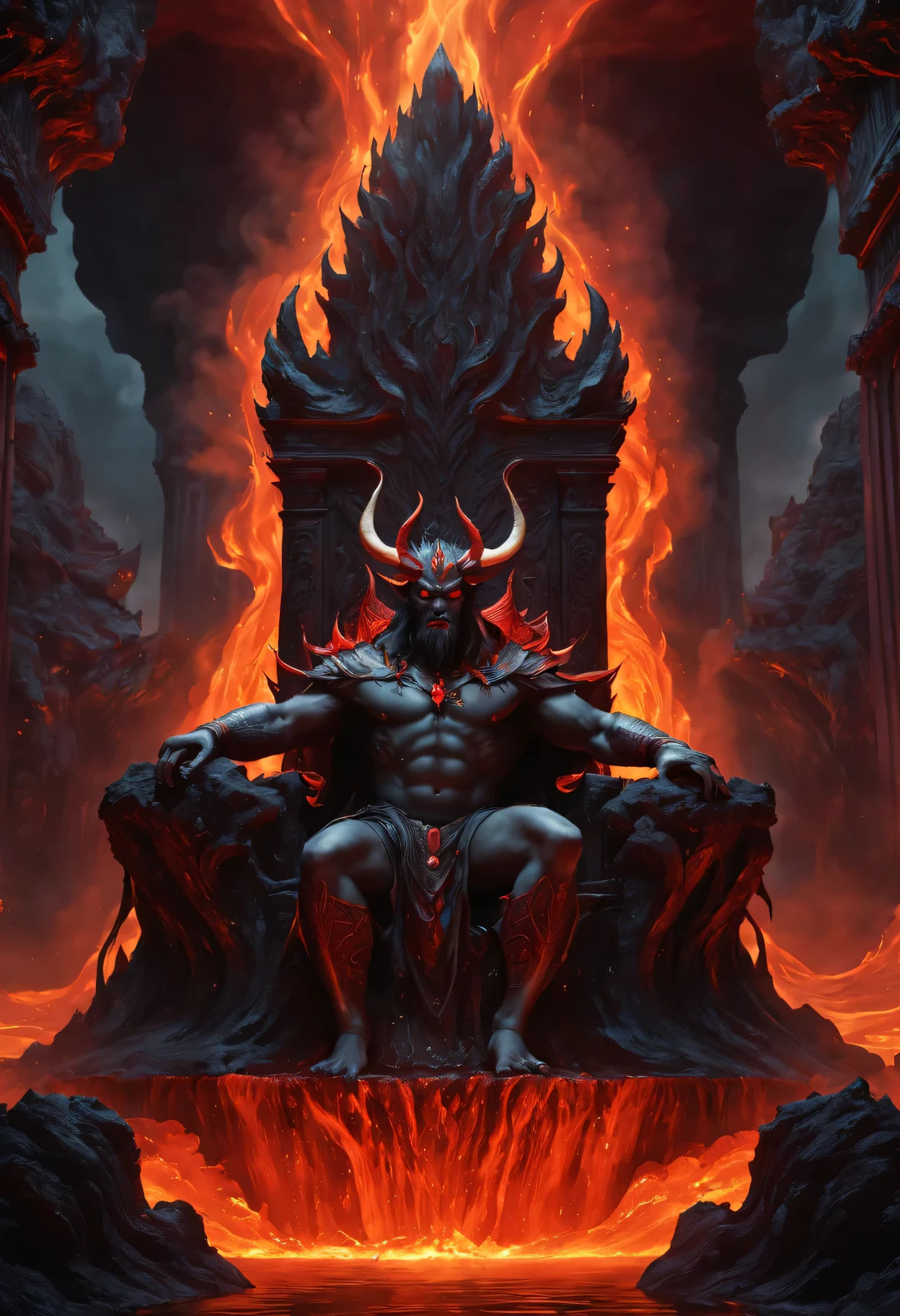 (best quality,4k,high resolution,masterpiece:1.2),Super detailed,actual:1.37,Moderate:(illustration,painting,3d rendering,photography), (Hell Palace，Lava waterfall in the background), The demon king sits on his throne, fiery red aura, threatening expression, A dark and majestic figure, The big protruding horn on the forehead, Elaborate golden throne, There are intricate carvings on the walls, Lava gives off an eerie glow, billowing smoke, flickering flame, Menacing shadows, Intimidating atmosphere, Magnificent and majestic building, Ornate decoration, ominous premonition, Dark color palette with fiery red accents, dramatic lighting, Extremely hot, swirling lava, Lava flow flowing down waterfall, Smoke surrounds.