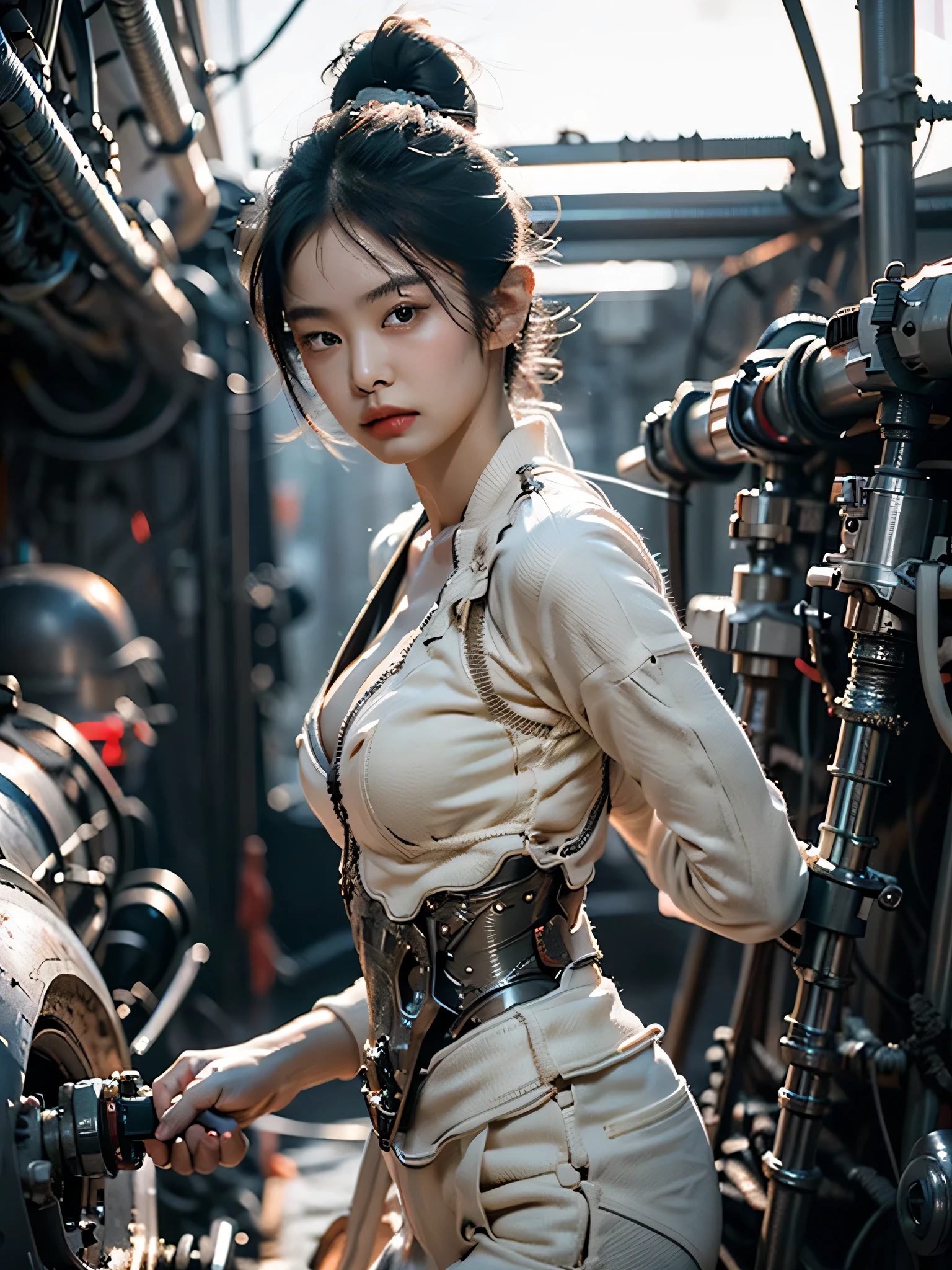 最好质量、巨作、ultra-high-resolution、(photoreallistic:1.4)、Raw photo、1 girl with big、Black hair、glowy skin、1 Mechanical Girl、((hyper realistic detail))、portlate、Global Illumination、Shadow、octane rend、8K、ultrasharp、big tit、Raw skin is exposed in cleavage、metals、Details of complex ornaments、Steampunk details、Analog Meter、cog、gear、Golden hydraulic cylinder、hyper intricate details、Realistic light、CGSoation Trends、purple colored eyes、eyes glowing、Facing the camera、neon details、Mechanical limbs、blood vessels connected to tubes、Mechanical vertebrae attached to the back、mechanical cervical attaching to neck、sitting on、Wires and cables connecting to the head、vacuum tubes、meter、evangerion、Small LED lamp、The background is a steampunk city、