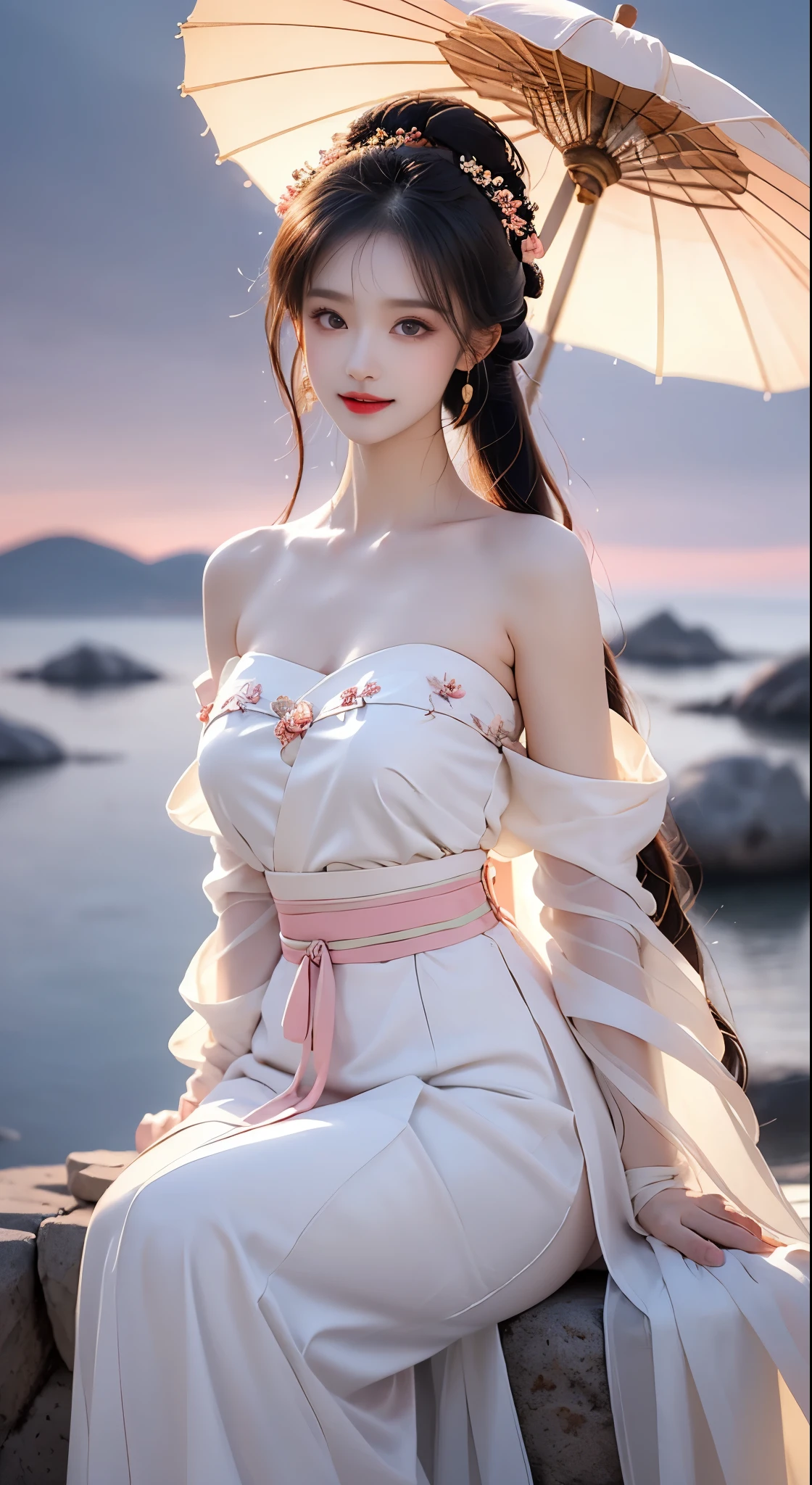 hanfu-song, hanfu, song theme, bandeau, tube top, ((bare shoulders)), ((whole body)), actual, fashion girl, red lips, mature women, cosmetics, big eyes, beautiful eyes, ((whole body)), ((from below)), (best quality, masterpiece:1.2), Super detailed, (actual:1.37), ((Sexy long legs)), beautiful, young and energetic, Charming model with (delicate eyes, Detailed lips, extremely delicate eyes), show a bright smile, Create stunning girl images, Warm colors, Extremely high color saturation, official art, Extremely detailed CG unified 8k wallpaper,(high dynamic range :1.4), (cinematic),(pastel colors, dull color, soothing tone :1.3), (natural skin texture, ultra-actual, soft light, sharp),(Very detailed), night, moonlight, ((in the mountains, plant, Leaning against the rocks))