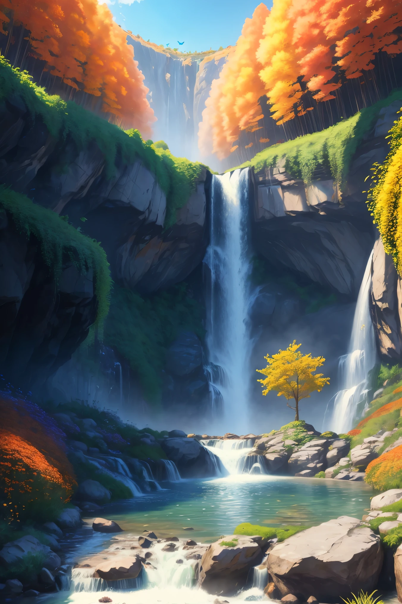 Beautiful majestic Fall flowing through dense vegetation, vibrant flowers, Butterfly dancing in the air, sparkling water splash, peaceful natural landscape ,Fall,flowing water,dense vegetation,vibrant flowers,Butterfly,peaceful scenery,best quality,4k,8k,high resolution,masterpiece:1.2,Super detailed,actual:1.37,high dynamic range,ultra high definition,studio lighting,extremely detailed description,professional,bright colors