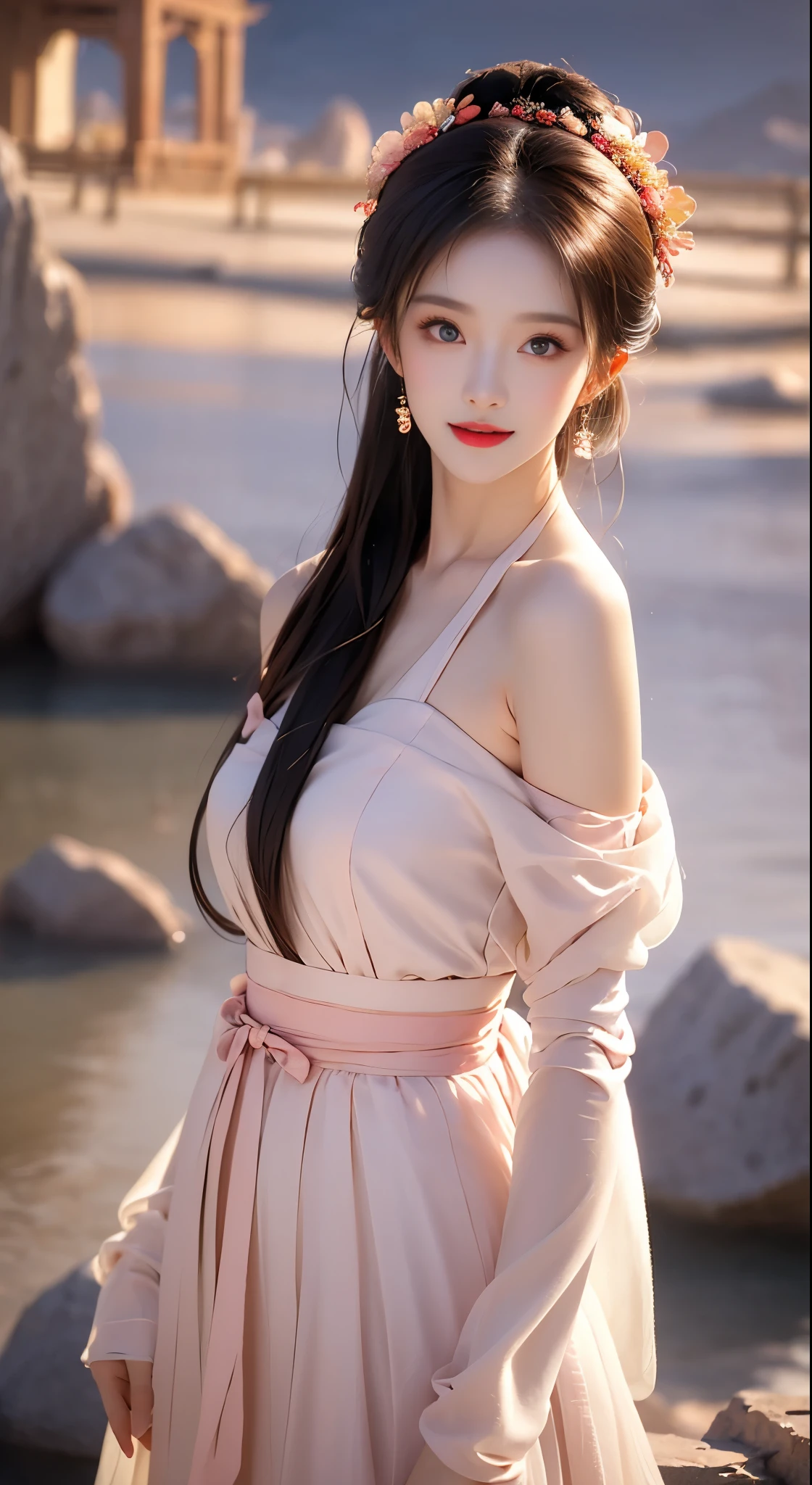 hanfu-song, hanfu, song theme, bandeau, tube top, ((bare shoulders)), ((whole body)), actual, fashion girl, red lips, mature women, cosmetics, big eyes, beautiful eyes, ((whole body)), ((from below)), (best quality, masterpiece:1.2), Super detailed, (actual:1.37), ((Sexy long legs)), beautiful, young and energetic, Charming model with (delicate eyes, Detailed lips, extremely delicate eyes), show a bright smile, Create stunning girl images, Warm colors, Extremely high color saturation, official art, Extremely detailed CG unified 8k wallpaper,(high dynamic range :1.4), (cinematic),(pastel colors, dull color, soothing tone :1.3), (natural skin texture, ultra-actual, soft light, sharp),(Very detailed), night, moonlight, ((in the mountains, plant, Leaning against the rocks))