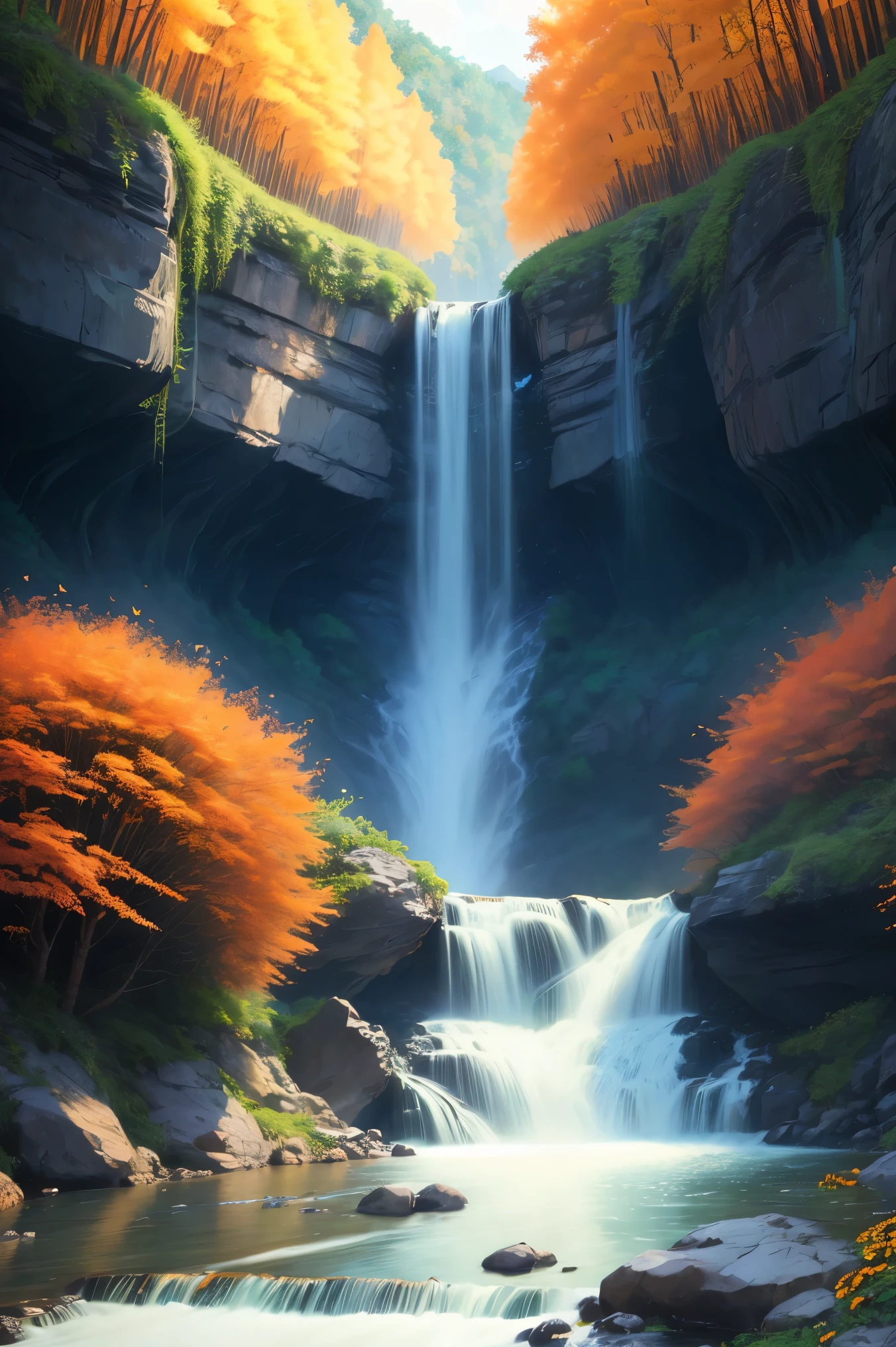 Beautiful majestic Fall flowing through dense vegetation, vibrant flowers, Butterfly dancing in the air, sparkling water splash, peaceful natural landscape ,Fall,flowing water,dense vegetation,vibrant flowers,Butterfly,peaceful scenery,best quality,4k,8k,high resolution,masterpiece:1.2,Super detailed,actual:1.37,high dynamic range,ultra high definition,studio lighting,extremely detailed description,professional,bright colors