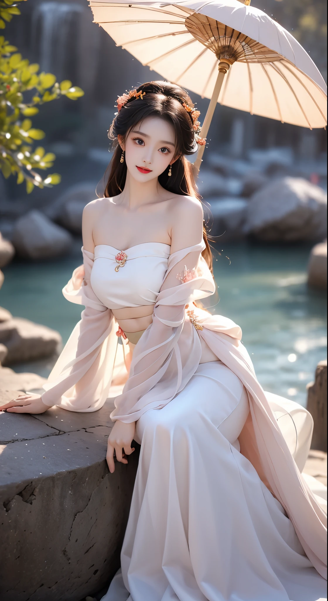 hanfu-song, hanfu, song theme, bandeau, tube top, ((bare shoulders)), ((whole body)), actual, fashion girl, red lips, mature women, cosmetics, big eyes, beautiful eyes, ((whole body)), ((from below)), (best quality, masterpiece:1.2), Super detailed, (actual:1.37), ((Sexy long legs)), beautiful, young and energetic, Charming model with (delicate eyes, Detailed lips, extremely delicate eyes), show a bright smile, Create stunning girl images, Warm colors, Extremely high color saturation, official art, Extremely detailed CG unified 8k wallpaper,(high dynamic range :1.4), (cinematic),(pastel colors, dull color, soothing tone :1.3), (natural skin texture, ultra-actual, soft light, sharp),(Very detailed), night, moonlight, ((in the mountains, plant, Leaning against the rocks))