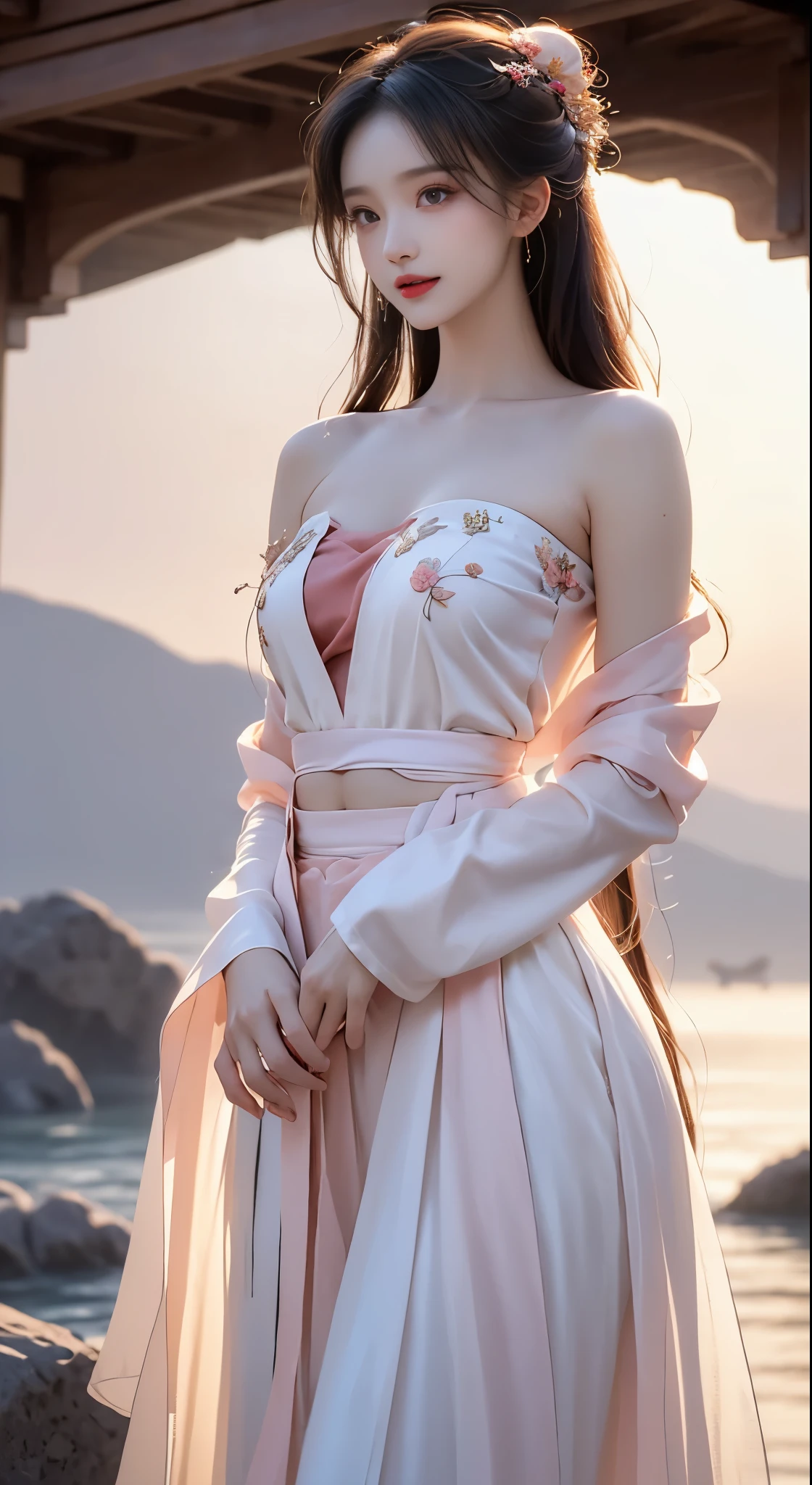 hanfu-song, hanfu, song theme, bandeau, tube top, ((bare shoulders)), ((whole body)), actual, fashion girl, red lips, mature women, cosmetics, big eyes, beautiful eyes, ((whole body)), ((from below)), (best quality, masterpiece:1.2), Super detailed, (actual:1.37), ((Sexy long legs)), beautiful, young and energetic, Charming model with (delicate eyes, Detailed lips, extremely delicate eyes), show a bright smile, Create stunning girl images, Warm colors, Extremely high color saturation, official art, Extremely detailed CG unified 8k wallpaper,(high dynamic range :1.4), (cinematic),(pastel colors, dull color, soothing tone :1.3), (natural skin texture, ultra-actual, soft light, sharp),(Very detailed), night, moonlight, ((in the mountains, plant, Leaning against the rocks))