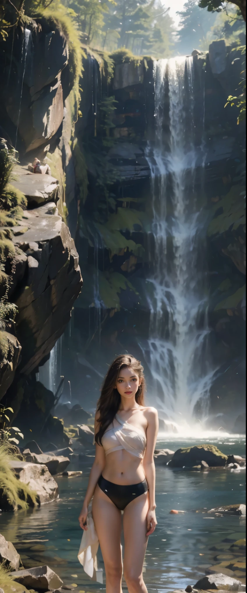 ((masterpiece, highest quality, Highest image quality, High resolution, photorealistic, Raw photo, 8K)), young woman photography of a waterfall with her cell phone, next to waterfall, cell phone photography, with waterfall, standing in front of waterfall, with waterfall, cell phone footage, standing near waterfall, full shot of landscape, waterfall in background, with waterfall and river, cell phone photography graphy, waterfall in background, photography, iconic scene, 