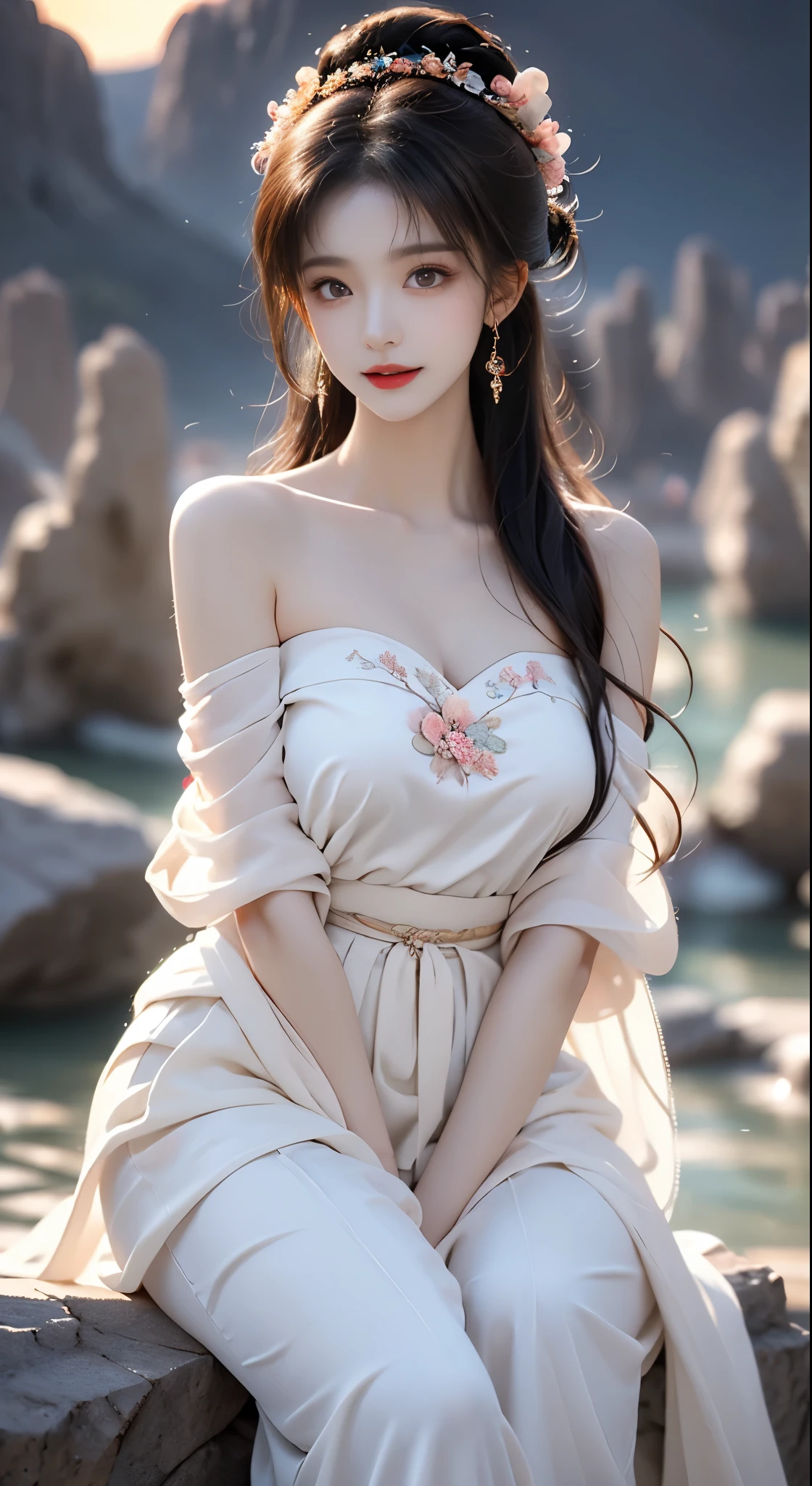 hanfu-song, hanfu, song theme, bandeau, tube top, ((bare shoulders)), ((whole body)), actual, fashion girl, red lips, mature women, cosmetics, big eyes, beautiful eyes, ((whole body)), ((from below)), (best quality, masterpiece:1.2), Super detailed, (actual:1.37), ((Sexy long legs)), beautiful, young and energetic, Charming model with (delicate eyes, Detailed lips, extremely delicate eyes), show a bright smile, Create stunning girl images, Warm colors, Extremely high color saturation, official art, Extremely detailed CG unified 8k wallpaper,(high dynamic range :1.4), (cinematic),(pastel colors, dull color, soothing tone :1.3), (natural skin texture, ultra-actual, soft light, sharp),(Very detailed), night, moonlight, ((in the mountains, plant, Leaning against the rocks))