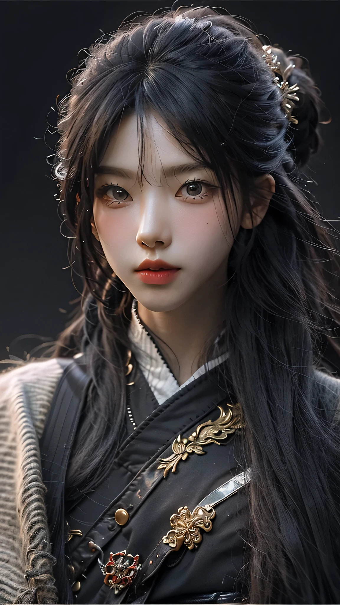 ((Best quality)), ((masterpiece)), (highly detailed:1.3), 3D, beautiful, samurai woman with long black hair, black clothes looking at camera, 8K, realistic, ultra masterpiece, dinamic style, dinamic pose