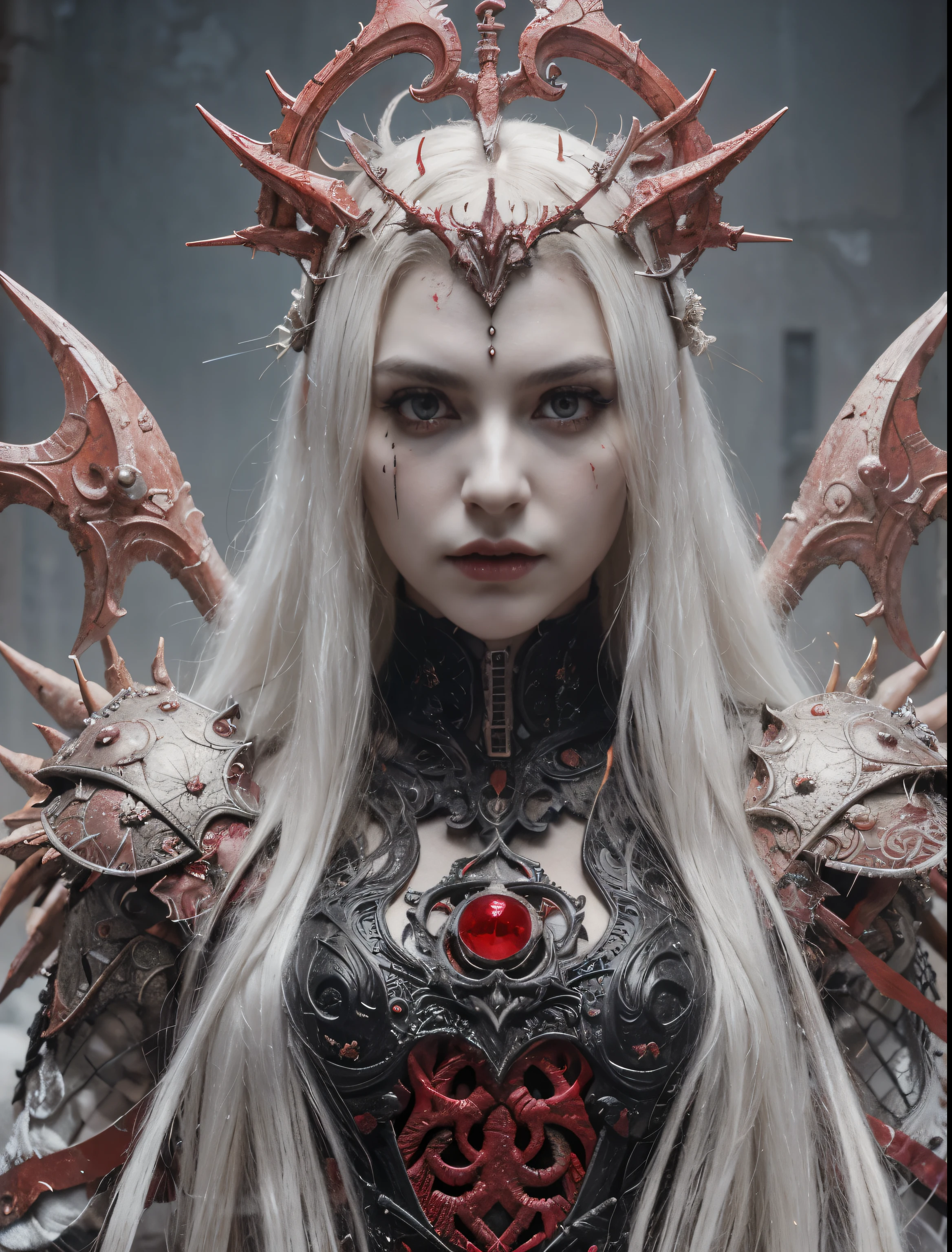 A woman vampire with detailed eyes, militant look, pale skin necromancer, blood red accents, black clothes, angry and intimidating, insanely detailed, intricated detailed, symmetry, perfect composition, beautiful detailed, intricate insanely, extreme detailed, octane render, trending on artstation, 8 k artistic photography, photorealistic concept art, soft natural volumetric cinematic perfect light, chiaroscuro, award - winning photograph, masterpiece, oil on canvas, by Zdzisław Beksiński, by h.r. giger