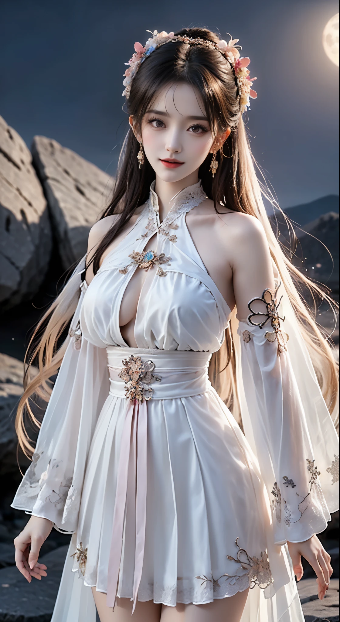 hanfu, ((bare shoulders)), ((whole body)), actual, fashion girl, red lips, mature women, cosmetics, big eyes, beautiful eyes, ((whole body)), ((from below)), (best quality, masterpiece:1.2), Super detailed, (actual:1.37), ((Sexy long legs)), beautiful, young and energetic, Charming model with (delicate eyes, Detailed lips, extremely delicate eyes), show a bright smile, Create stunning girl images, Warm colors, Extremely high color saturation, official art, Extremely detailed CG unified 8k wallpaper,(high dynamic range :1.4), (cinematic),(pastel colors, dull color, soothing tone :1.3), (natural skin texture, ultra-actual, soft light, sharp),(Very detailed), night, moonlight, ((in the mountains, plant, Leaning against the rocks))