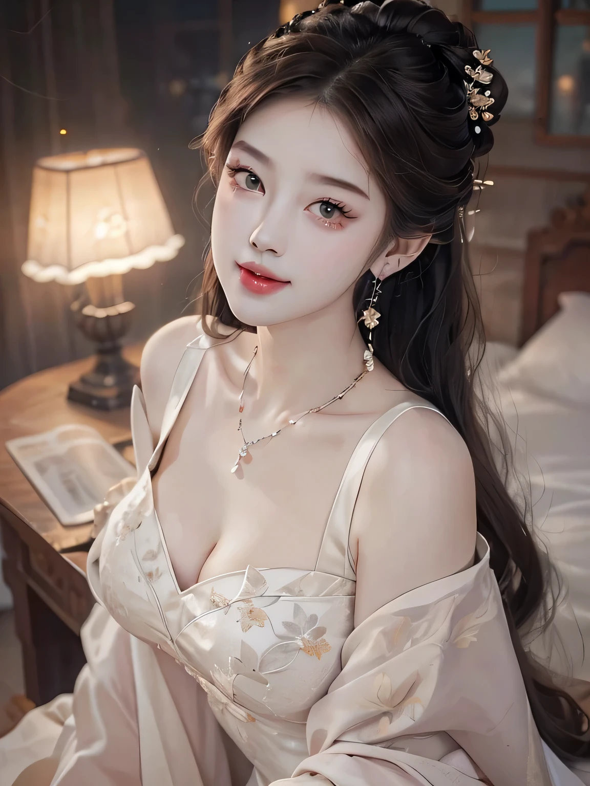 ((knee shot)), ((from above)), ((satellite view)), ((lying down)), ((Lying on a wooden bed)), (ancient bed), (Play with hair with one hand), (ancient chinese style), 1 girl, clear face, pretty face, 8k, masterpiece, original photo, best quality, detail:1.2,lifelike, detail, Very detailed, CG, Unite, wallpaper, depth of field, lamp, lens flare, Ray tracing, (extremely beautiful face, beautiful lips, beautiful eyes), complicated, detail的脸, ((ultra detailed skin)), 1 girl, in the darkness, deep shadow, beautiful korean girl, kpop idol,(Very slim figure:1.3), plump breasts, big breasts, Slender sexy legs, very nice legs, elegant posture, A gesture full of temptation and seduction, (bright smile), (City night, (霓虹lamp), (night), beautiful korean girl, white diamond earrings, diameter bracelet, Dia Necklace, clear eyes, (big eyes)