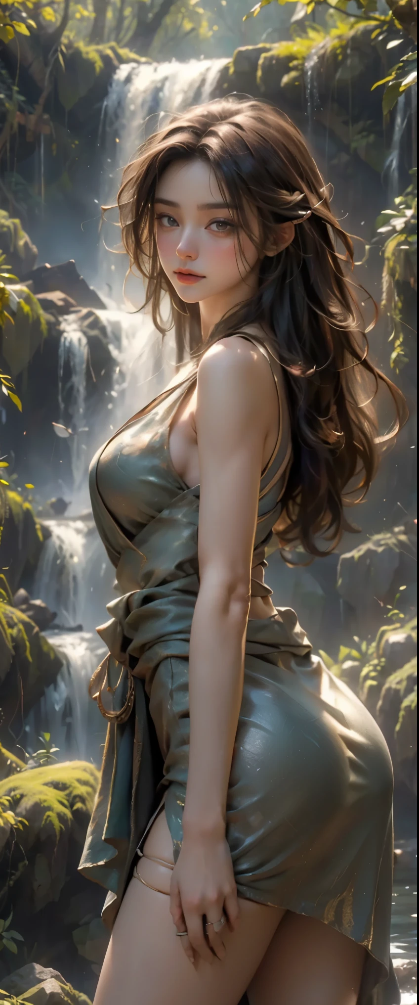 Sofia Vergara, completely naked, beautiful, sitting under a waterfall, beautiful, braided long hair, large breasts, natural hips, a wet and transparent white cloth, front view, rocks in background,  breasts visible, butt visible, graceful, realistic, light effects, by Boris Vallejo, Frank frazetta, Louis royo