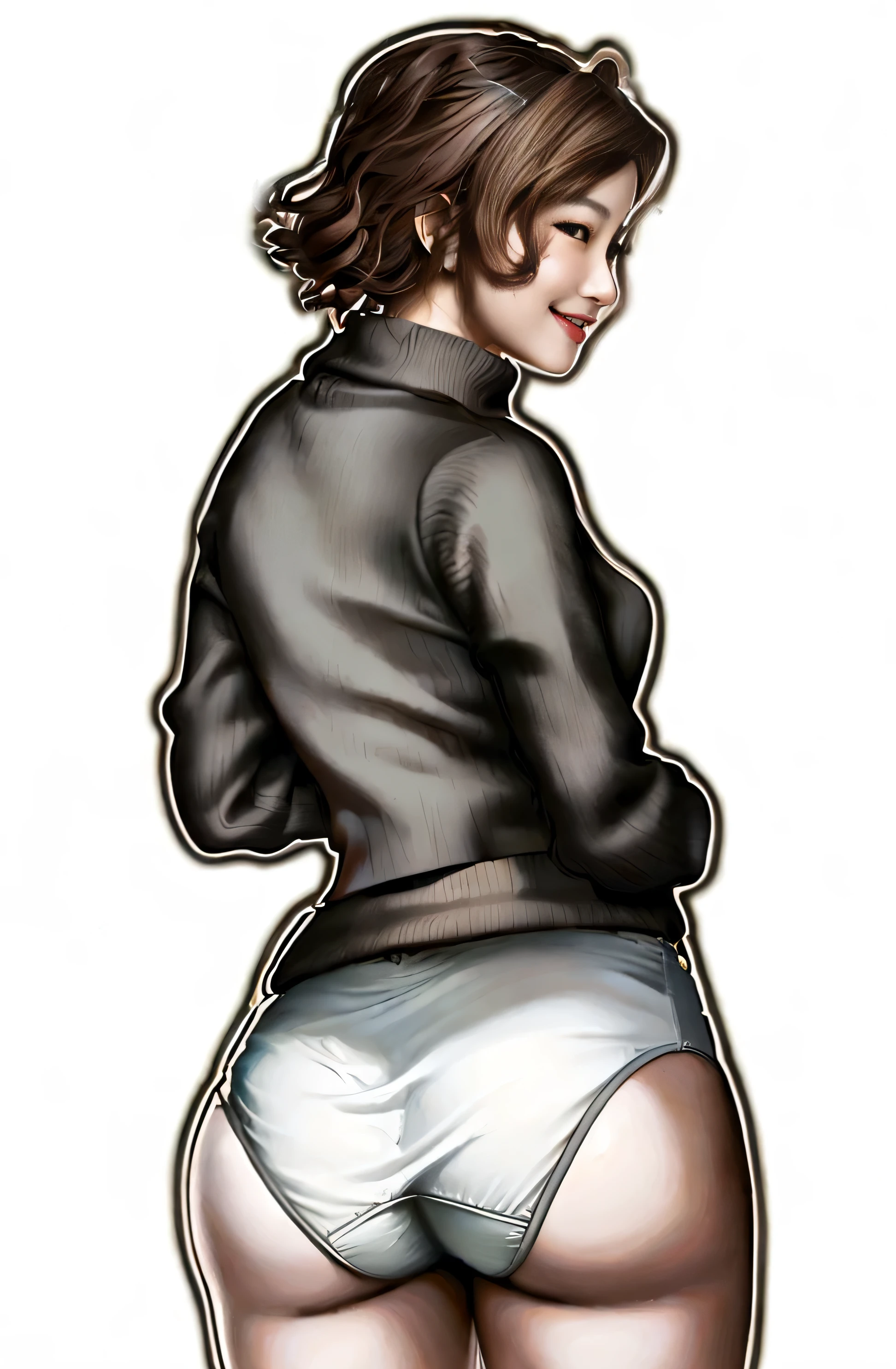 ((masterpiece, best quality)), ((34 year old)), (((Curvy))), (((Japanese woman with messy brown hair)),in grey sweater, ((white cotton panties)), (((Large Hips))), smiling, green eyes, (((realistic art style)))
