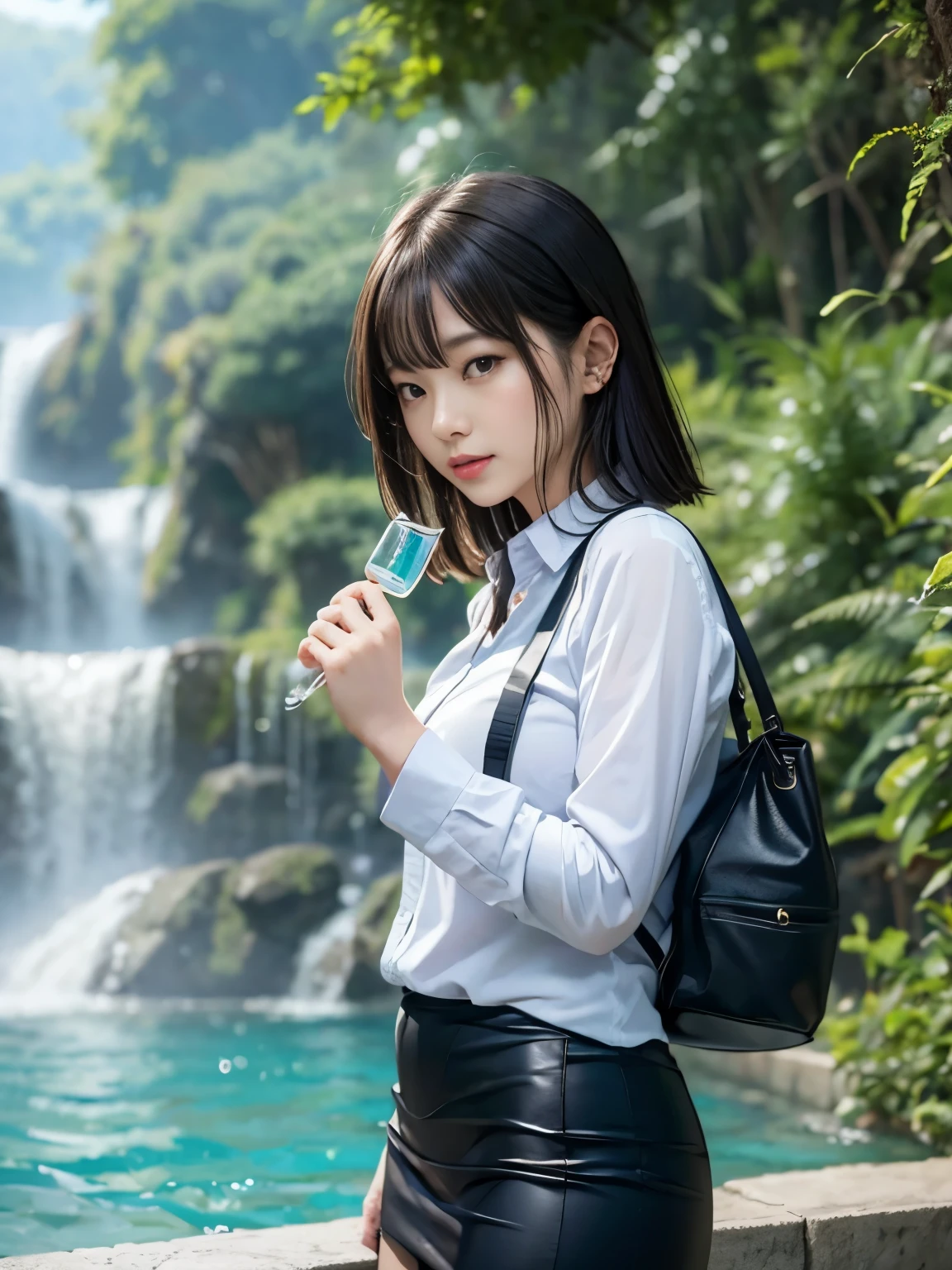 There is a woman in a skirt standing in front of the waterfall, Ren Iwakura, close up Ren Iwakura, Beside the waterfall, Shot with Canon EOS 5D, It&#39;s raining, eat and drink, fragrance, Shot with Canon EOS 5D, Shot with Canon eos 5d, Mayuri Shiina, Harumi