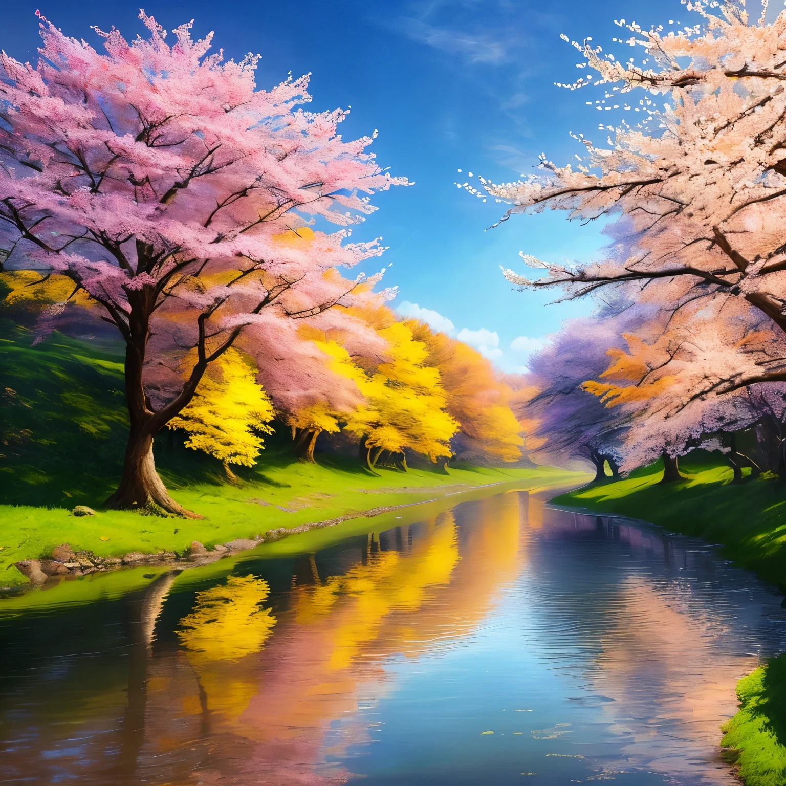 majestic,wonderful (HDR photo) spring day、Picture-like nature where light shines from the blue sky,cherry blossoms and small river、
global lighting, 8K resolution, be familiar with, concentrated, Close-up shot introduced by Mark Keathley on flickr,Written by Jake Guzman、person's perspective photo、There are no people