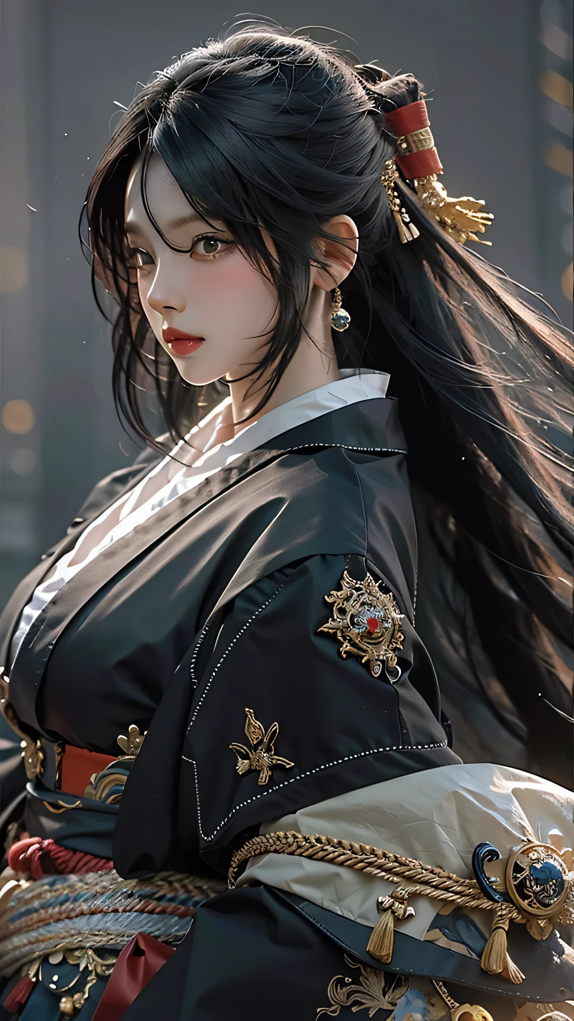 ((Best quality)), ((masterpiece)), (highly detailed:1.3), 3D, beautiful, samurai woman with long black hair, black clothes looking at camera, 8K, realistic, ultra masterpiece, dinamic style, dinamic pose