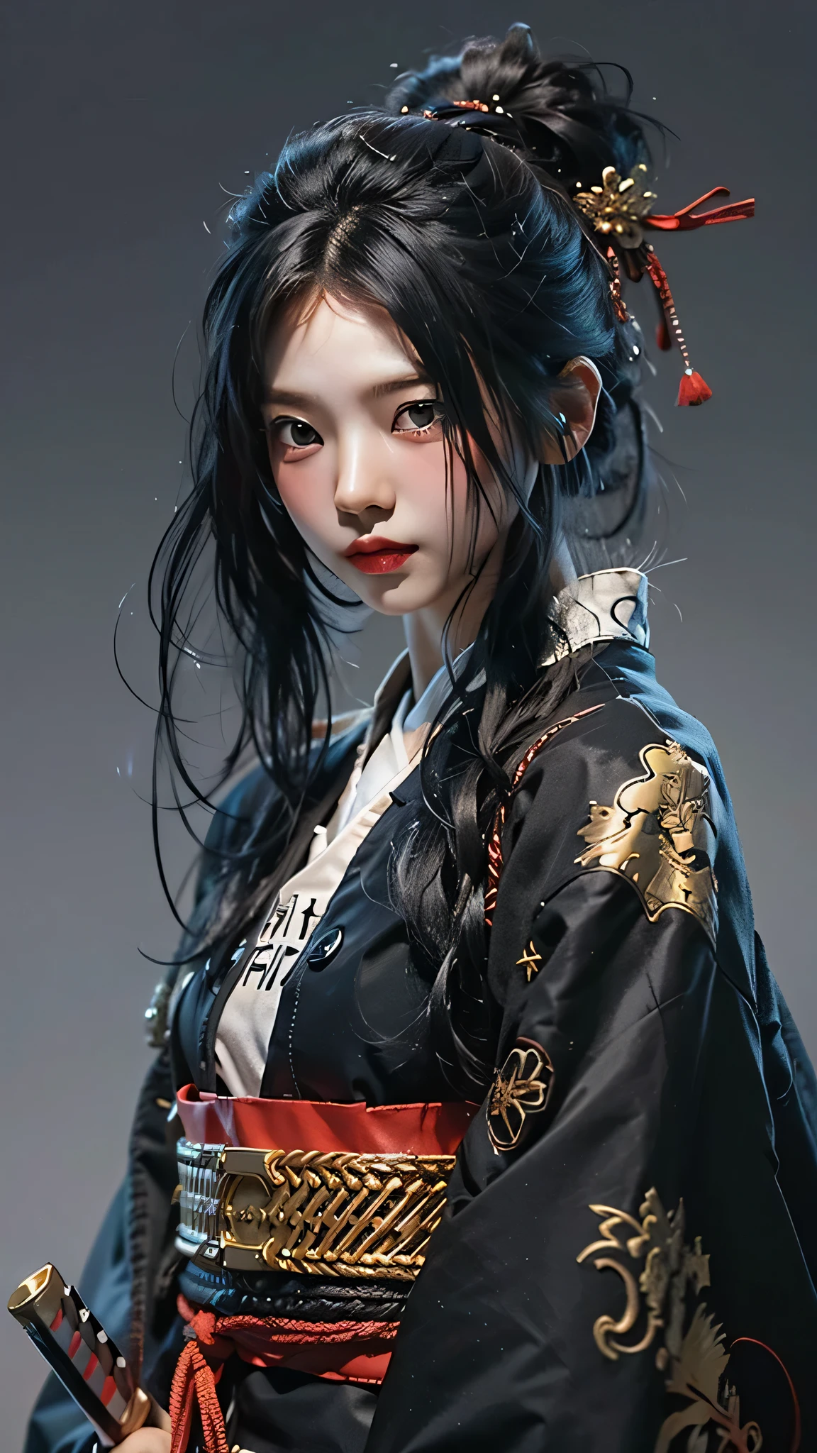 ((Best quality)), ((masterpiece)), (highly detailed:1.3), 3D, beautiful, samurai woman with long black hair, black clothes looking at camera, 8K, realistic, ultra masterpiece, dinamic style, dinamic pose