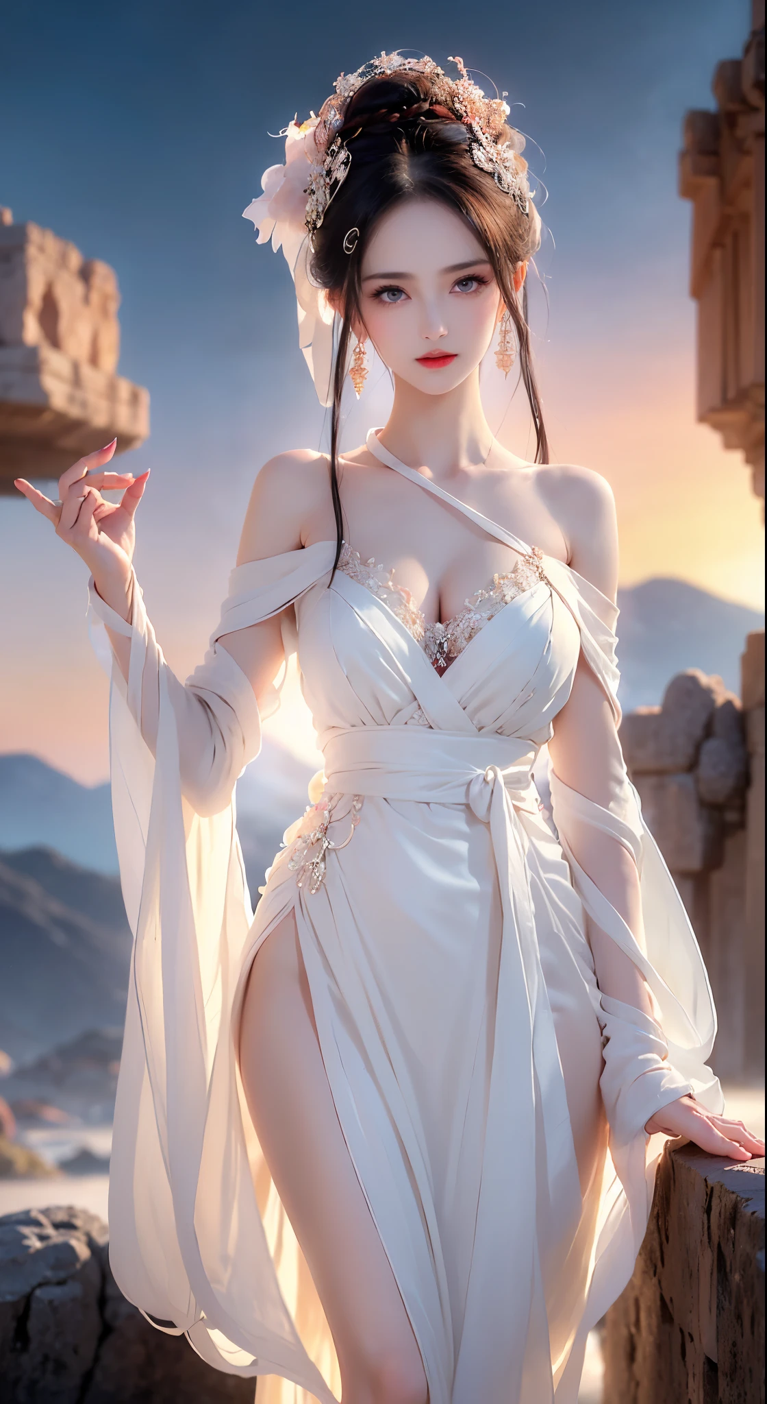 BAINV, ((bare shoulders)), ((whole body)), actual, fashion girl, red lips, mature women, cosmetics, big eyes, beautiful eyes, ((whole body)), ((from below)), (best quality, masterpiece:1.2), Super detailed, (actual:1.37), ((Sexy long legs)), beautiful, young and energetic, Charming model with (delicate eyes, Detailed lips, extremely delicate eyes), show a bright smile, Create stunning girl images, Warm colors, Extremely high color saturation, official art, Extremely detailed CG unified 8k wallpaper,(high dynamic range :1.4), (cinematic),(pastel colors, dull color, soothing tone :1.3), (natural skin texture, ultra-actual, soft light, sharp),(Very detailed), night, moonlight, ((in the mountains, plant, Leaning against the rocks))