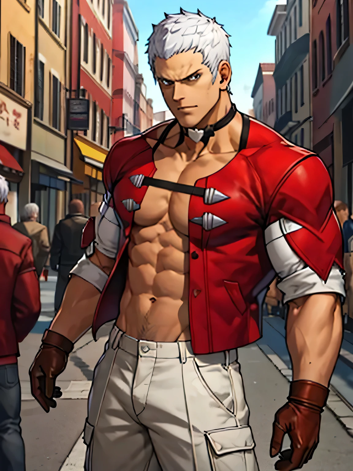 masterpiece, 1 boy, abdominal muscles, only, not naked,t-shirt, Heart choker, Yashiro (King of Fighters), alone, looking at the audience, short hair, Gloves, jewelry, white hair, Heart, open clothes, black collar, red jacket, leather, Chest, front,put your hands down