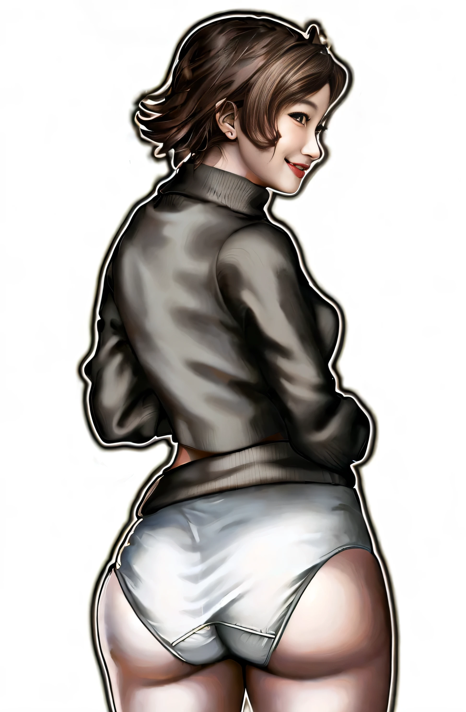 ((masterpiece, best quality)), ((34 year old)), (((Curvy))), (((Japanese woman with messy brown hair)),in grey sweater, ((white cotton panties)), (((Large Hips))), smiling, green eyes, (((realistic art style)))