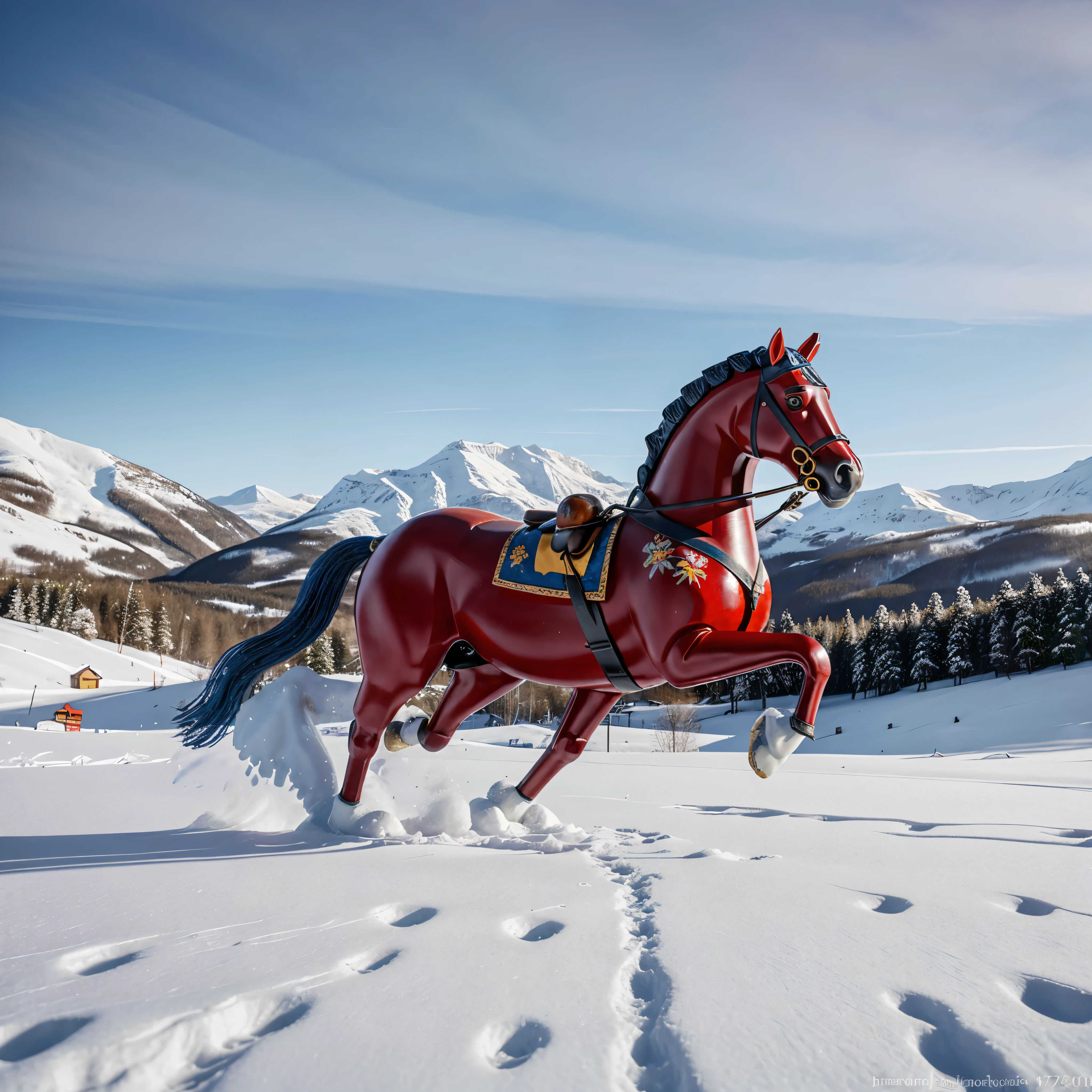 Swedish Dala horse running, On the snowy mountains, 17th century art style, painting, elegance, 4k