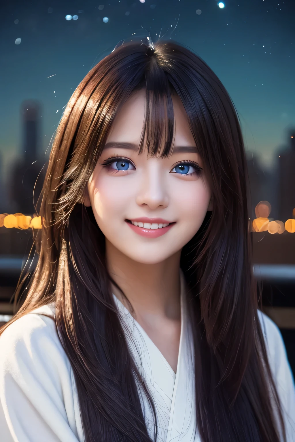 ((masterpiece)), ((highest quality)), (super detailed), ((cute)), cute, (Lovely), ((very detailed)), 4k, (8k), highest quality, (beautiful), figure, ((close)), rooftop, new york, starry night, milky way, midnight, (outside:1.3), a cute girl, 18-year-old, alone, ((Sorcerer's clothes:1.3)), (mage dress:1.1), pantyhose, (beautiful deep purple hair), ((unusually long hair)), straight hair, ((beautiful hair)), beautiful blue eyes, ((beautiful eyes)), (smile)