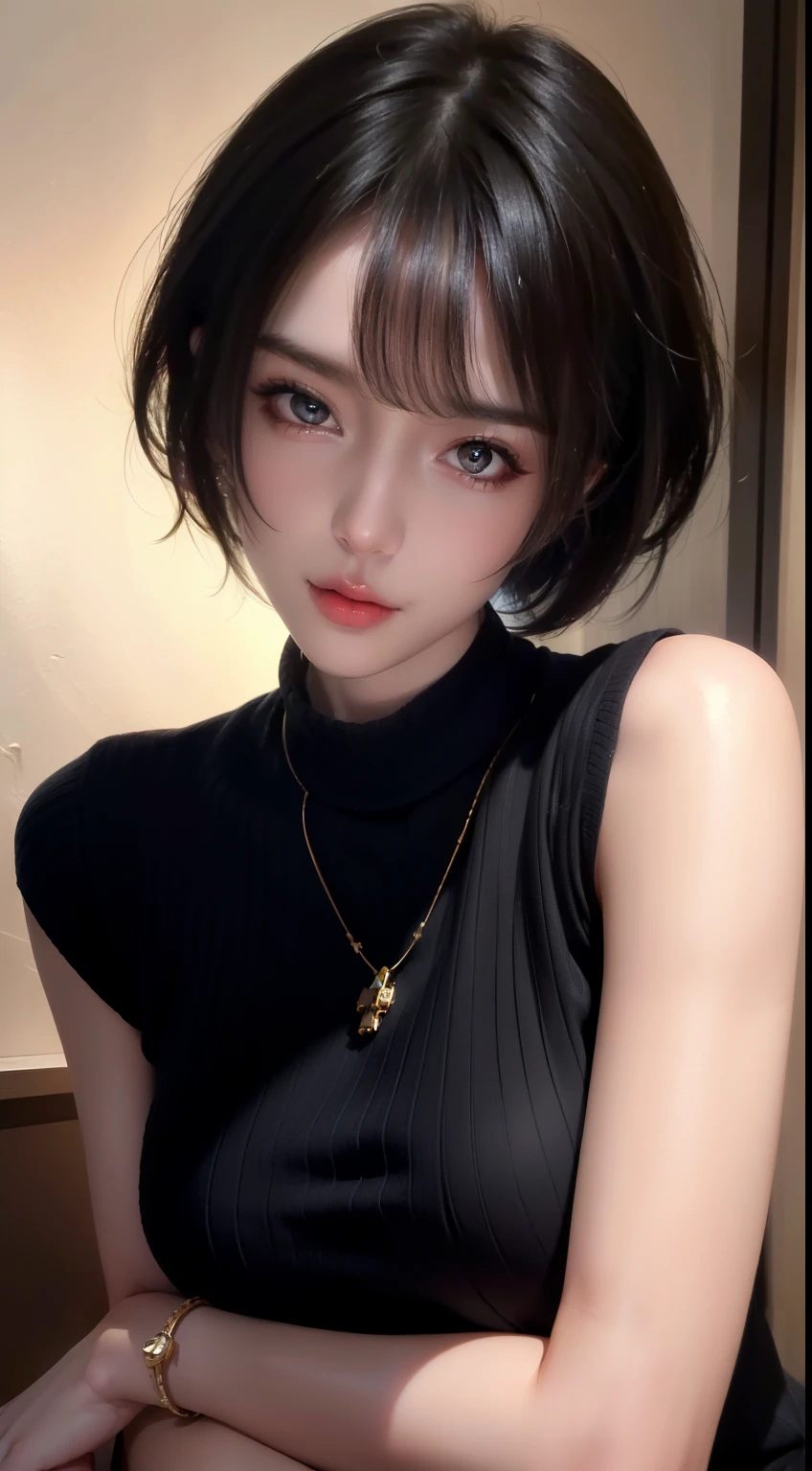 (masterpiece:1.3), (8k, realistic, RAW photo, highest quality: 1.4), (1 girl), beautiful face, (realistic face), (black hair, short hair:1.3), beautiful hairstyle, realistic eyes, detailed and beautiful eyes, (realistic skin), beautiful skin, (sweater), disorganized, Charm, ultra high resolution, surreal, very detailed, golden ratio