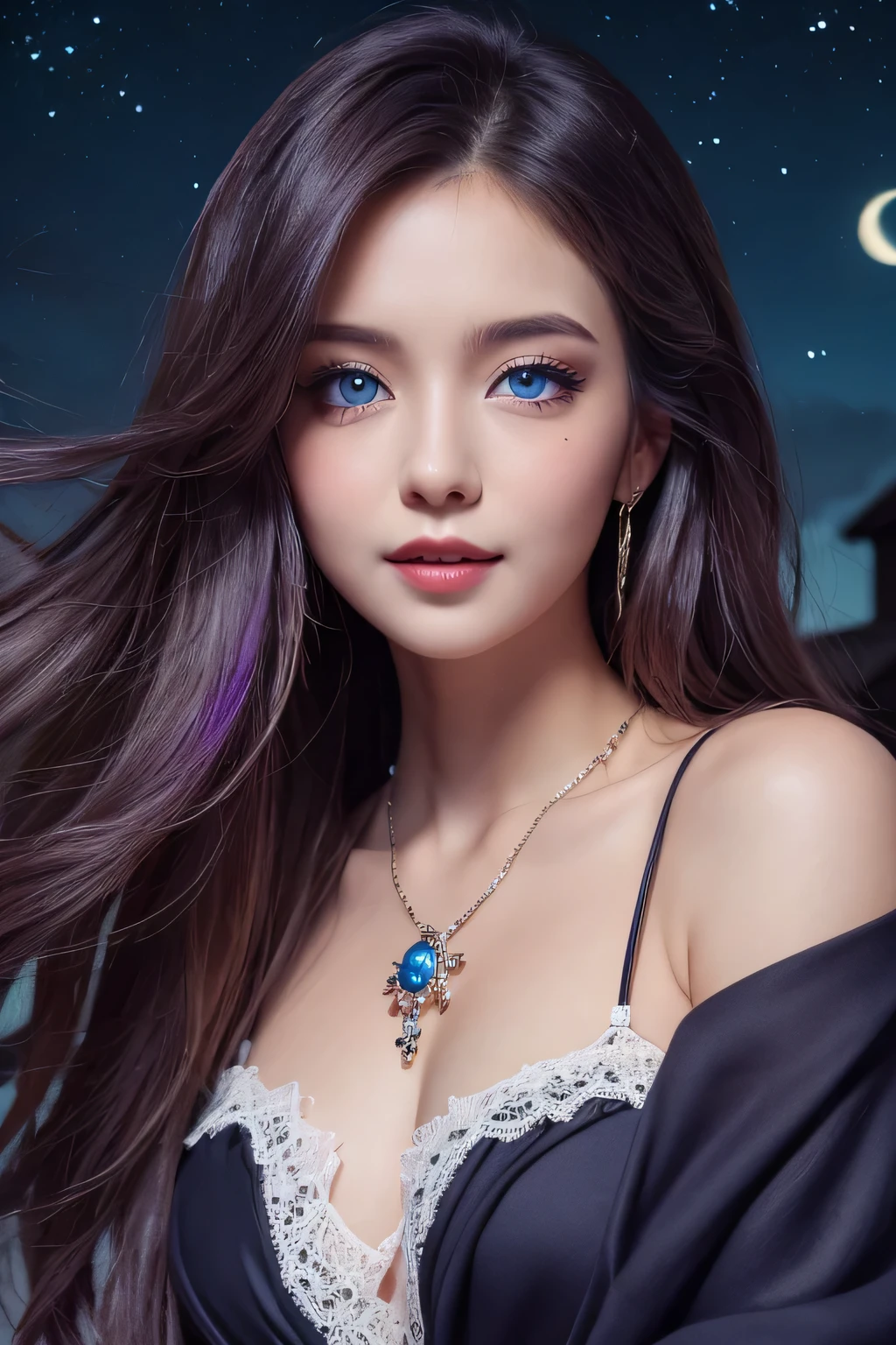 ((masterpiece)), ((highest quality)), (super detailed), ((cute)), cute, (Lovely), ((very detailed)), 4k, (8k), highest quality, (beautiful), figure, ((close)), village, starry night, milky way, midnight, (outside:1.3), a beautiful woman, 25 years old, alone, ((Sorcerer's clothes:1.3)), (mage dress:1.1), pantyhose, (beautiful deep purple hair), ((unusually long hair)), straight hair, ((beautiful hair)), beautiful blue eyes, ((beautiful eyes)), (smile)