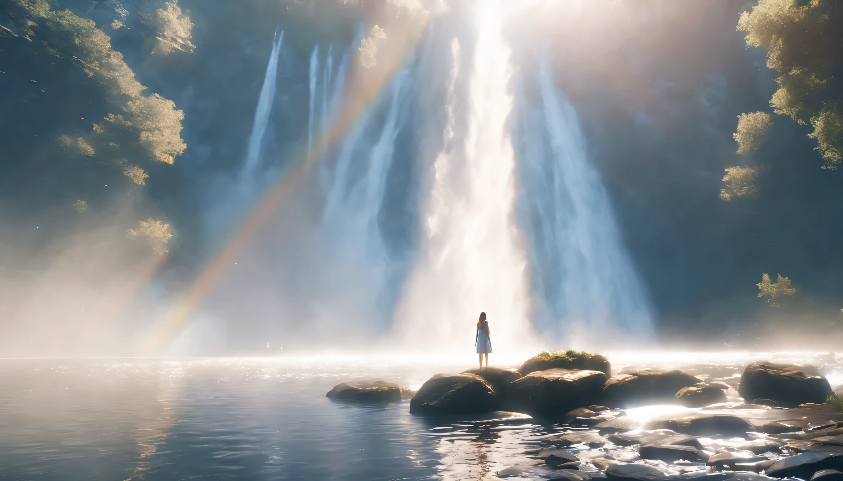low angle view，The girl standing in front of the huge waterfall looks up，water vapor rising，sun glare spots，realistic raytracing，True light reflection，real light refraction，Ultra-fine，Surreal，Super dreamy，extreme portrayal，8k，masterpiece，
